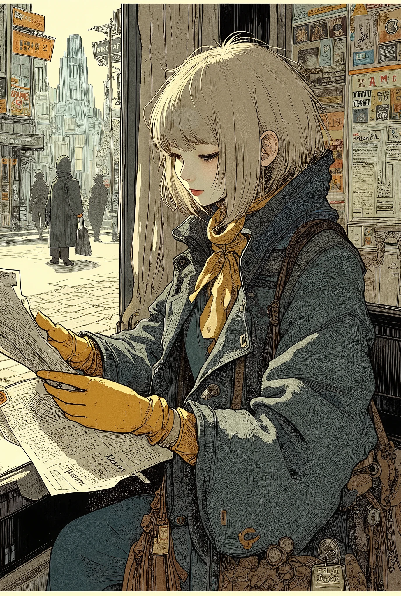 View from the sidewalk from the street through the window.Outside the window, a woman with short tousled blond hair is seen sitting half-turned by the window and reading a newspaper. A thoughtful look into the distance, through the glass.A large grey speckled tweed coat with a high collar and wide cuffs. She wears a bright silk handkerchief around her neck. She's wearing bright yellow leather gloves. The scenery is a blurred and reflected urban landscape, which may be visible from the cafe window. The overall aesthetic is warm and autumnal, with a timeless elegance. The colors are muted with an emphasis on browns, grays, and yellows. Soft lighting and low depth of field. Digital art, Classic, Vintage, High detail.