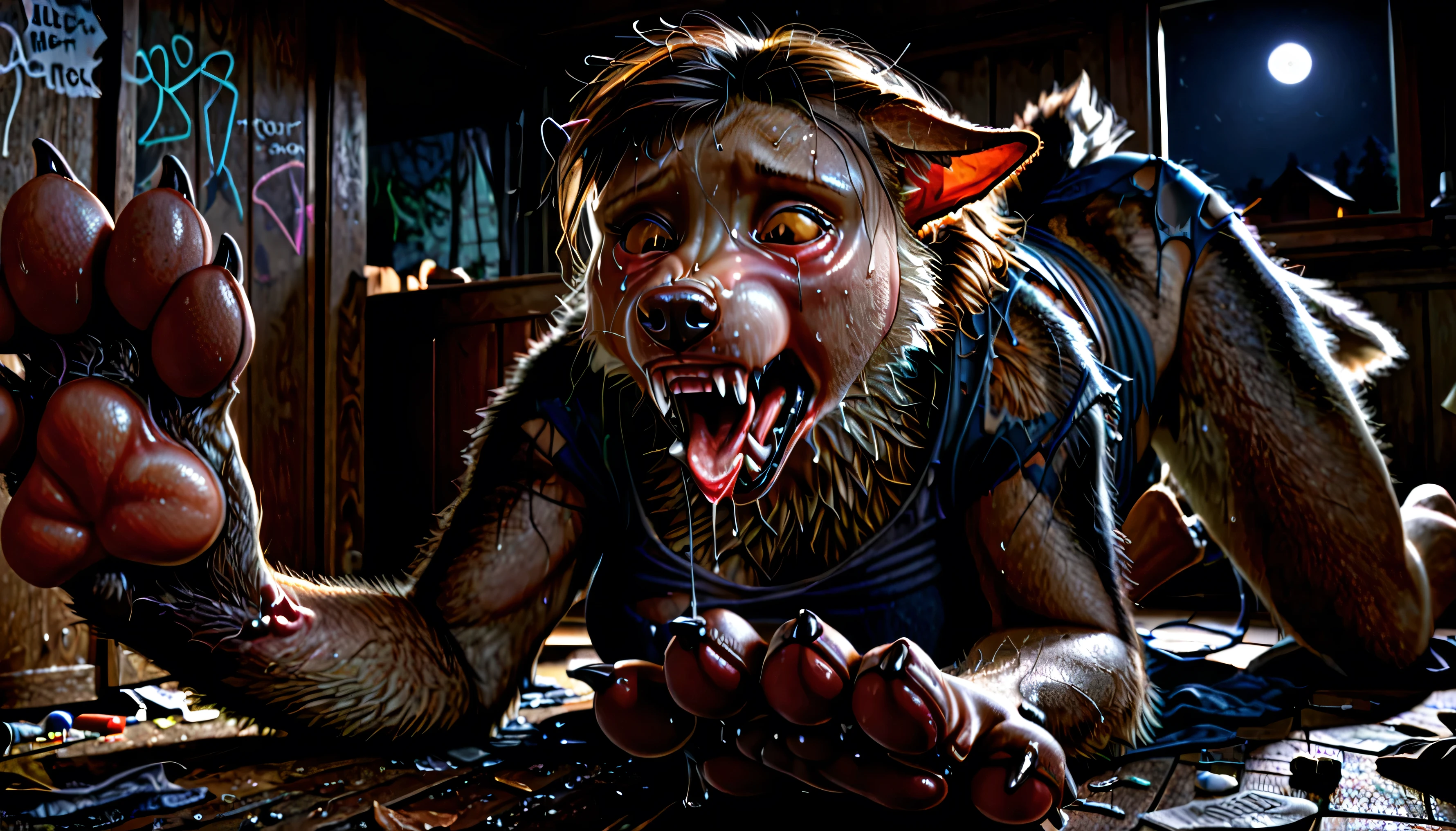 Low Angle Shot, Extreme Close-Up, portrait, human skin:1.3, feet:1.3, [feet: paw:0.7], paw, female, wolf, human morfing into wolf, mid transformation, transformation, fangs:0.8, detailed fur, gradual fur, spread, crying, screaming, tongue, sweating, drooling:1.2, in pain:0.8, scared:0.8, confused:0.8, torn clothes:1.1, deep night, moonlight, darkness, cabin, graffiti, scraps around, clothes scraps,(Ultra-detailed, Realistic, Photorealistic, photo-realistic:1.37), 4k, 8k, RAW, HDR, UHD, 85mm f/1.4, 15mm, 35mm, high resolution, hd, full colour, 4k, high definition, Professional, extreme detail description, masterpiece, deep shades, best quality,)