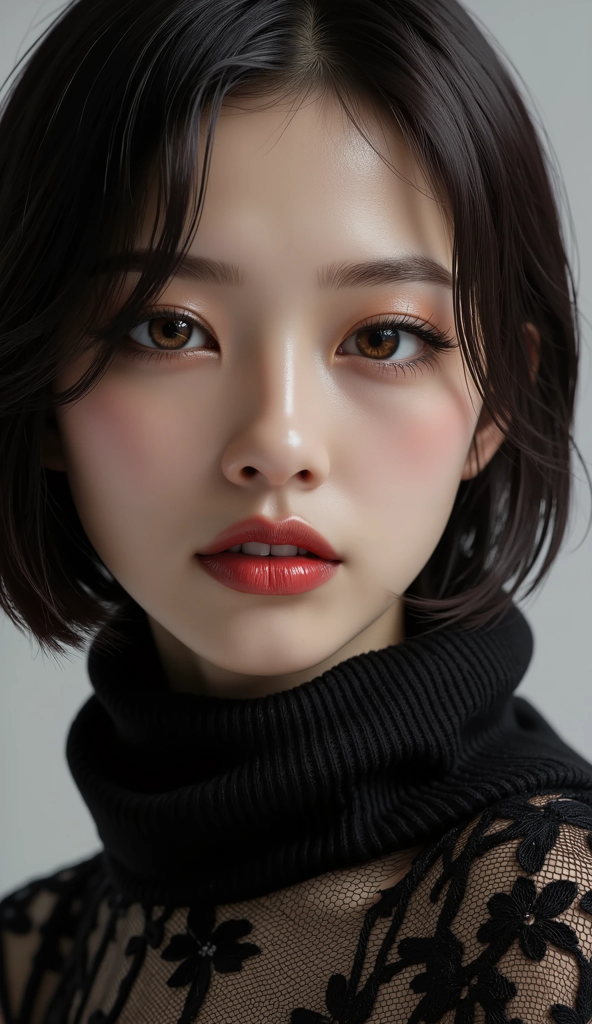  [Style: - "8k, masterpiece, realistic, Photorealistic, realism"] (Key Directive: - "The priority is the anatomical accuracy and texture of the materials" - "Ultra-sharp human eyes with biological accuracy") {Character: "Asian woman (sleek silhouette)" | "Eyes: (acid-resistant terminology) (macro-details:1.5): * Moist corneal surface (visible aqueous layer:1.2) * Hyper-detailed iris stroma ((dark) with stars from the milky way galaxy) * Precise limbal ring (slightly darker pigmentation:1.1) Pupil micro-texture (irregular edge authenticity:0.9)" Face: "full lips, red lipstick, intense gaze" | Hair: "short black hair" | Pose: "elegant pose" Outfit: [Top: "black turtleneck (sheer mesh, floral lace pattern) high fashion"] Environment: "minimalist background" Lighting: "studio lighting, monochromatic, striking contrast, dramatic shadows" (Render Engine: "Unreal Engine 5 path tracing, 16K texture maps") } 
