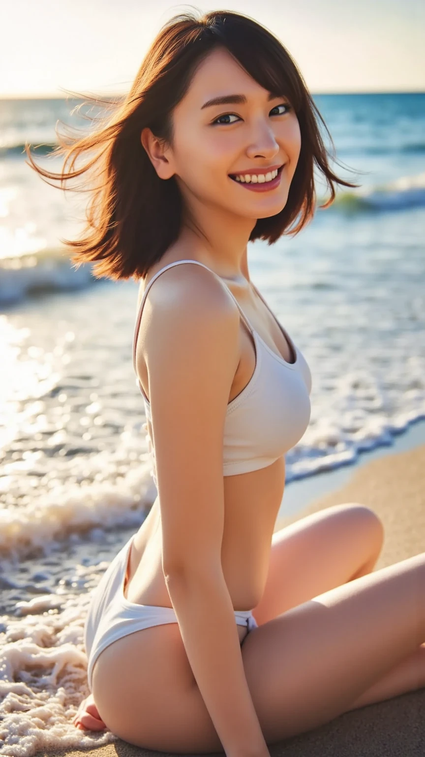 One Girl, Laughter, (((Small breasts))), (((Bokeh))),Depth of written boundary, Coastal Road、Cute Swimsuits, Focus on the viewer, masterpiece, Too many model shoots,（ Cleavage）, （Hair Up 1.5）