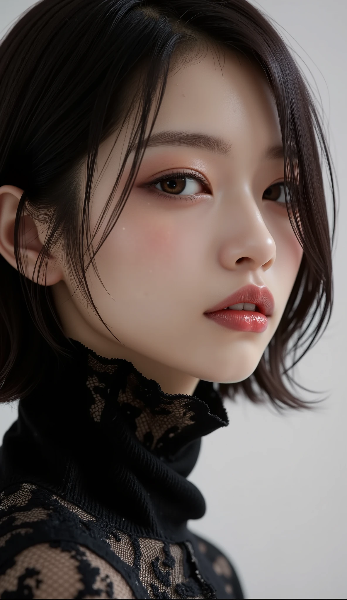  [Style: - "8k, masterpiece, realistic, Photorealistic, realism"] (Key Directive: - "The priority is the anatomical accuracy and texture of the materials" - "Ultra-sharp human eyes with biological accuracy") {Character: "Asian woman (sleek silhouette)" | "Eyes: (acid-resistant terminology) (macro-details:1.5): * Moist corneal surface (visible aqueous layer:1.2) * Hyper-detailed iris stroma ((dark) with stars from the milky way galaxy) * Precise limbal ring (slightly darker pigmentation:1.1) Pupil micro-texture (irregular edge authenticity:0.9)" Face: "full lips, red lipstick, intense gaze" | Hair: "short black hair" | Pose: "elegant pose" Outfit: [Top: "black turtleneck (sheer mesh, floral lace pattern) high fashion"] Environment: "minimalist background" Lighting: "studio lighting, monochromatic, striking contrast, dramatic shadows" (Render Engine: "Unreal Engine 5 path tracing, 16K texture maps") } 