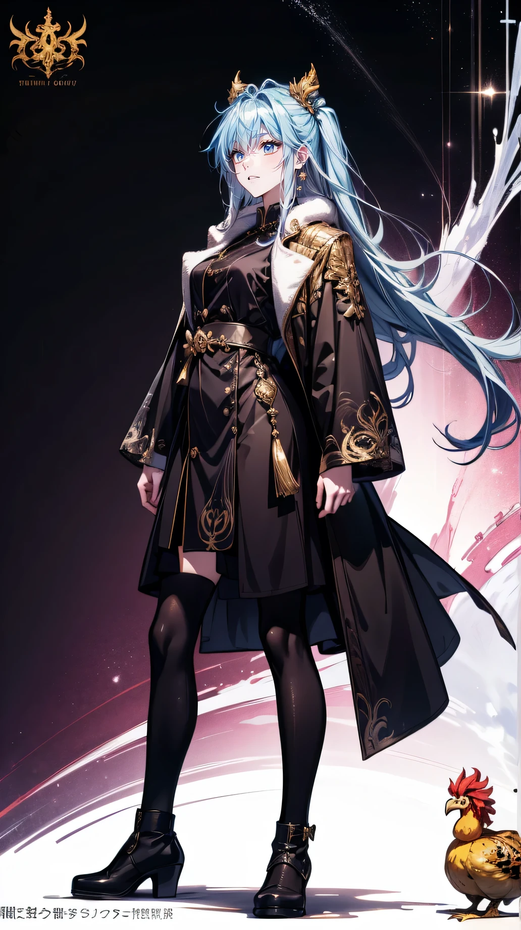 Brilliant work , smartphones, 1 Xiao Wu , Face Color Looks Cool , Strong, Golden left eye , Red right eye , long hair, ผมดำ, Steadfast eyes , Simple Uniform , Black Long Earrings , Contemporary Mandarin , Front view , Simple Background , purple background , Anime, illustration, Whole body , Bun , Black Wool Coat with Fluffy Shoulders , , Whole body , Golden Cockerel , Character Data Sheet
