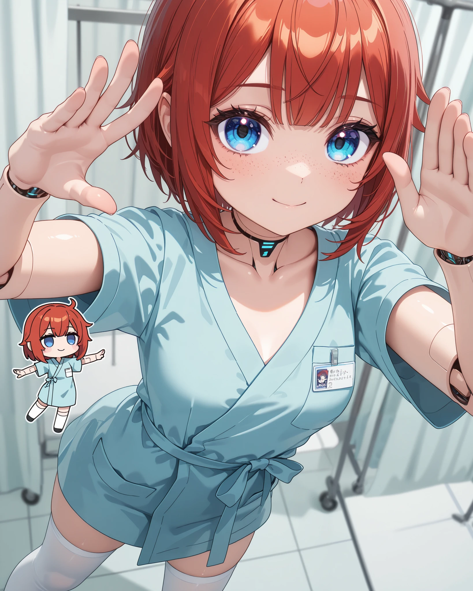 solo,1girl\((chibi:1.5),cute,kawaii,(red hair:1.4),(short hair:1.6),bangs,blue eye,big eye,beautiful shiny eye,skin color tan, freckles, knee high socks,( hospital gown:1.3), (android girl:1.3), breast,cute pose,cute hand, sign,smile\),background\ ((beautiful sunny day))\),,close-up girl,dynamic angle,3d,(((dynamic pose))),from above,masterpiece,best quality,newest,