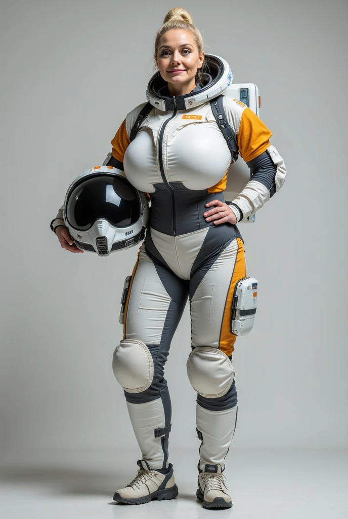 (Muscular:1.8), (thick thighs:1.2), (large round breasts:1), (large muscular chest and shoulders:1), FEMALE, brown hair, long brown hair, (big smile:1.2), (wearing tight white Space suit:1.6), looking at viewer, (three quarter view:1.3), upper body view, (lab:1.5), (dark lighting:2), detailed skin, detailed eyes, (clean skin:1.5), (very thin waist:1.6), (huge body muscles:2), (one protagonist:1.5),