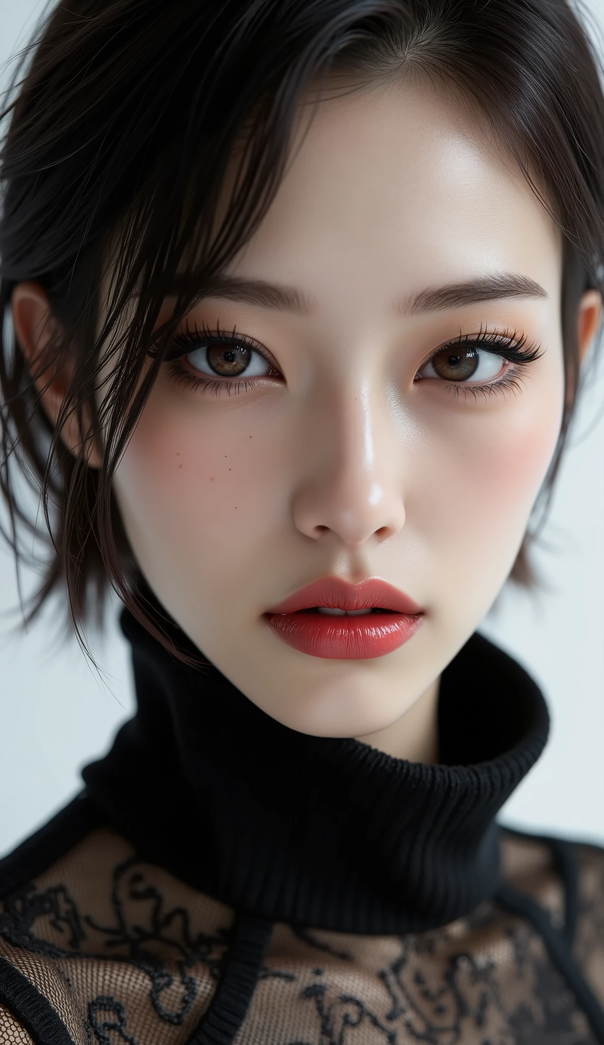  [Style: - "8k, masterpiece, realistic, Photorealistic, realism"] (Key Directive: - "The priority is the anatomical accuracy and texture of the materials" - "Ultra-sharp human eyes with biological accuracy") {Character: "Asian woman (sleek silhouette)" | "Eyes: (acid-resistant terminology) (macro-details:1.5): * Moist corneal surface (visible aqueous layer:1.2) * Hyper-detailed iris stroma ((dark) with stars from the milky way galaxy) * Precise limbal ring (slightly darker pigmentation:1.1) Pupil micro-texture (irregular edge authenticity:0.9)" Face: "full lips, red lipstick, intense gaze" | Hair: "short black hair" | Pose: "elegant pose" Outfit: [Top: "black turtleneck (sheer mesh, floral lace pattern) high fashion"] Environment: "minimalist background" Lighting: "studio lighting, monochromatic, striking contrast, dramatic shadows" (Render Engine: "Unreal Engine 5 path tracing, 16K texture maps") } 