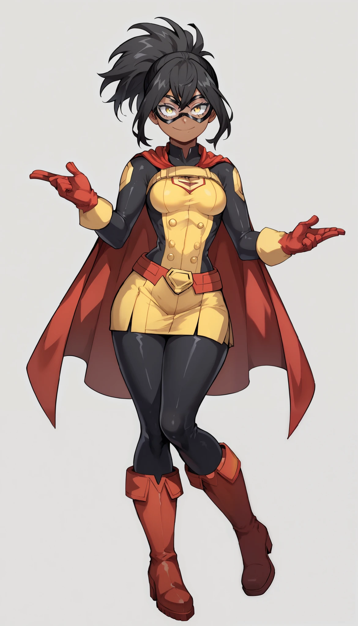 (My Hero Academia Style), (High Quality), 1Girl, Solo, Anthro, Young Girl, (Dark complexion), (yellow eyes), (black hair), (Hair in a high back ponytail), (Hero costume with yellow double-breasted jacket on top and yellow short skirt on the bottom), (Hero suit with yellow double-breasted jacket), (Hero suit with yellow underskirt), (Black tights)(red boots and gloves), (hero boots and gloves), (red hero cape), (red cape), (hero cape), (small breasts), (Flat), (medium calves), (medium hips), (medium thighs), (slender waist), (perfect anatomy), (perfect hands), (super detailed), (simple background) ((Perfect face)), (Black domino mask with white eyes), (black domino mask), ((eyewear)), (looking at viewer), (full body photo:1.5),