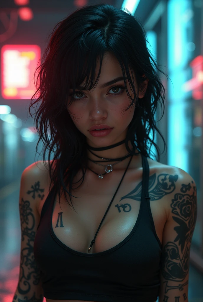 Screenshot My hero academia, girl with short broken black hair with red rays, Snake Bites Piercing and Eyebrow Piercing with Momo Yaoyorozu Eyes, Brown skin color, a tattoo on the neck of a snake.