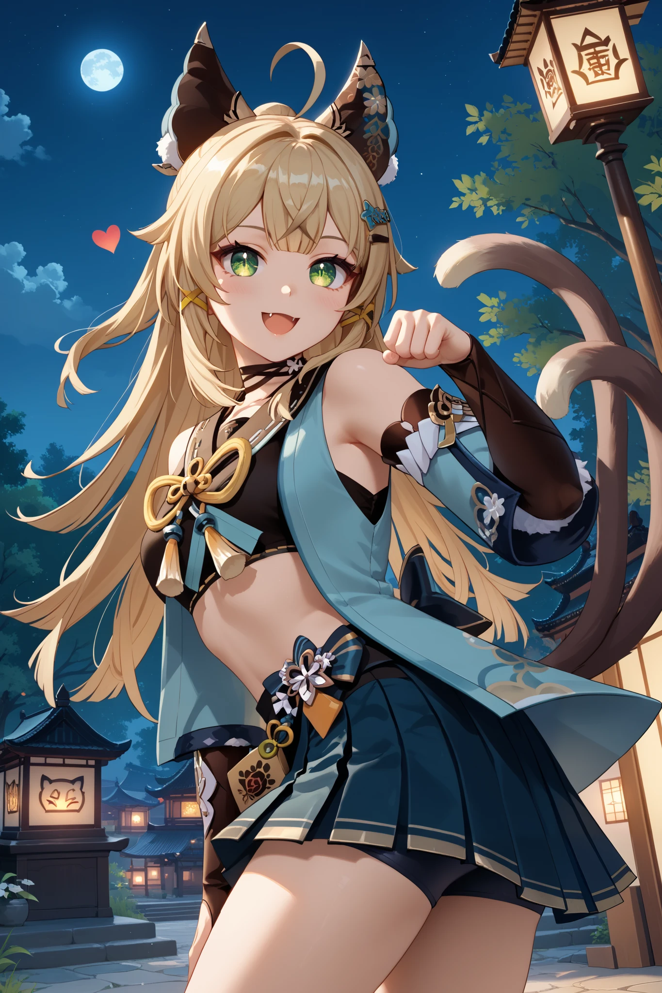 aira shiratori, green eyes, :D, smile, happy, blonde hair, detailed eyes, detailed face, kirara_genshin, beautiful face, sweet girl, hair ornament, cat ears, short hair, detached sleeves, kirara's upshirt, stomach cutout, navel, kirara's short skirt, two cat tails, upper body, standing, looking at viewer, outdoors, noon, sunshine