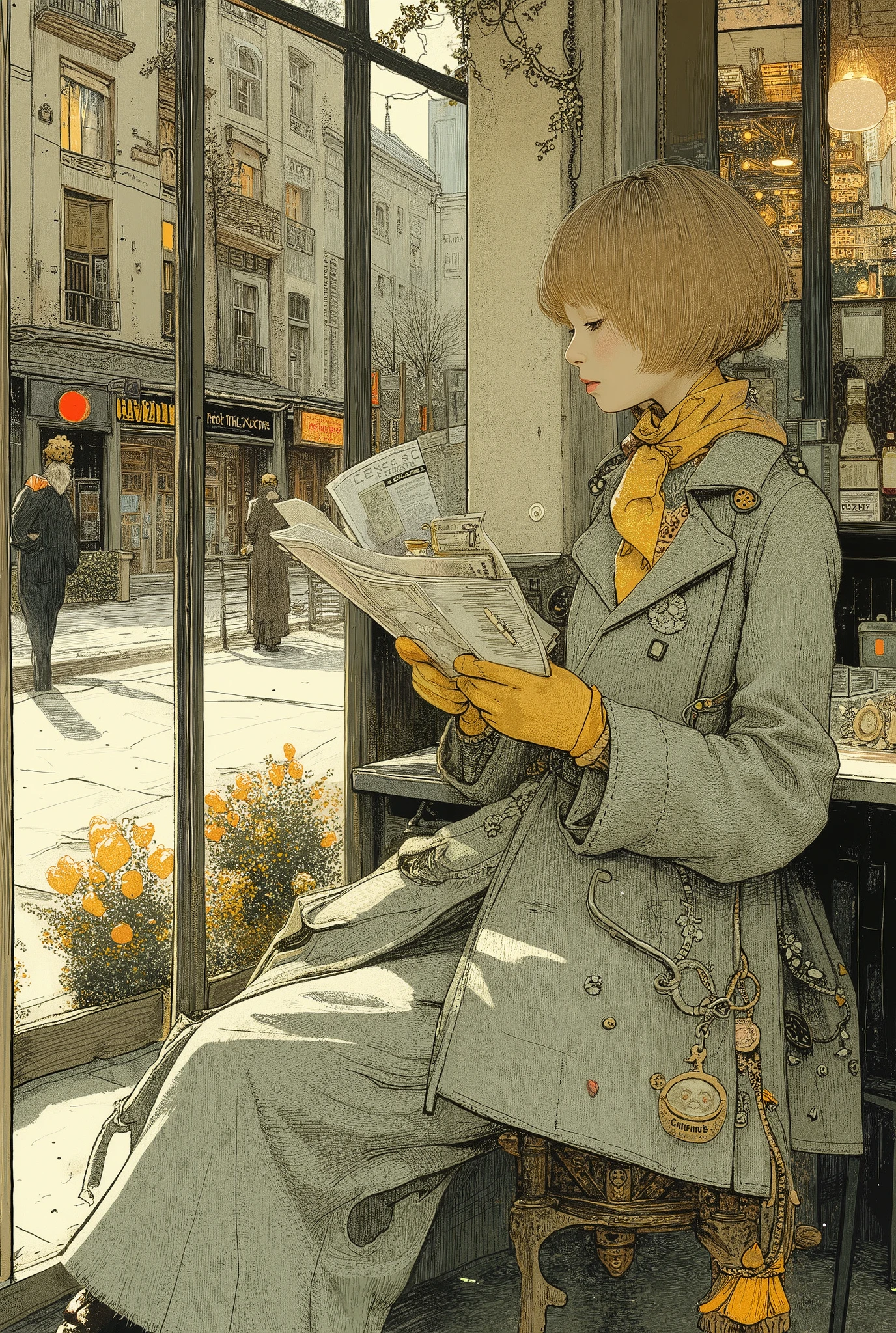 View from the sidewalk from the street through the window.Outside the window, a woman with short tousled blond hair is seen sitting half-turned by the window and reading a newspaper. A thoughtful look into the distance, through the glass.A large grey speckled tweed coat with a high collar and wide cuffs. She wears a bright silk handkerchief around her neck. She's wearing bright yellow leather gloves. The scenery is a blurred and reflected urban landscape, which may be visible from the cafe window. The overall aesthetic is warm and autumnal, with a timeless elegance. The colors are muted with an emphasis on browns, grays, and yellows. Soft lighting and low depth of field. Digital art, Classic, Vintage, High detail.