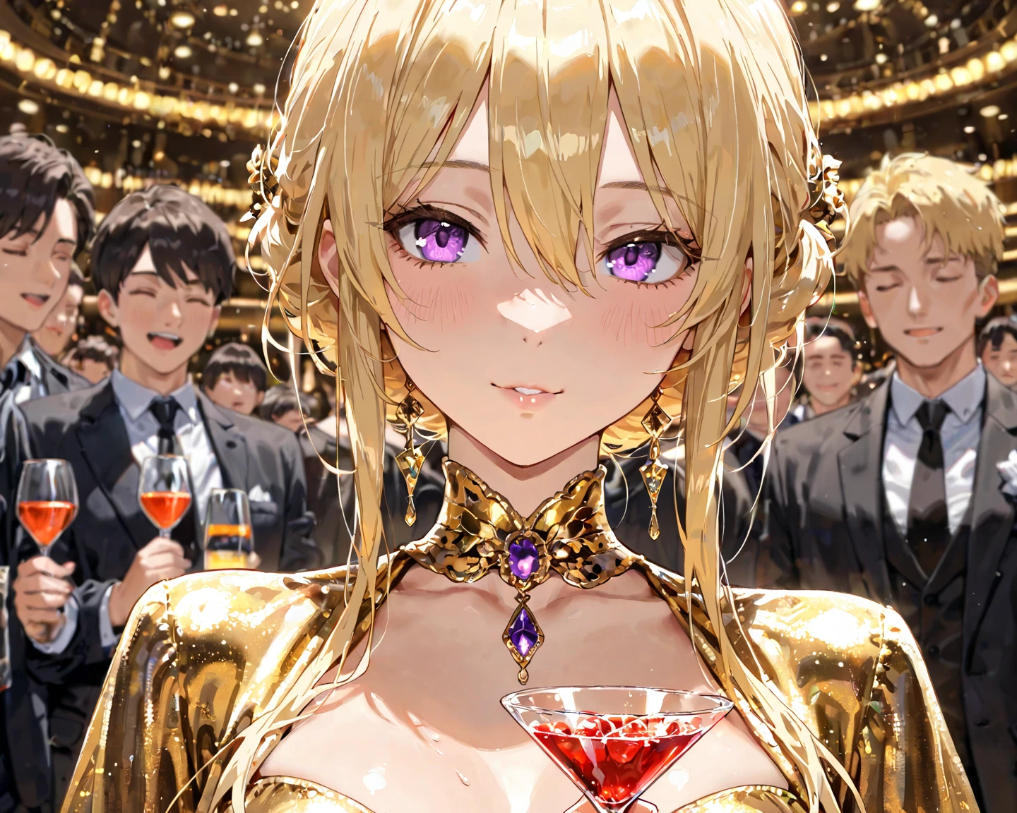 blonde woman during her birthday party, elegantly dressed, with a golden dress, she is in front of the birthday cake and she is happy to celebrate with her friends