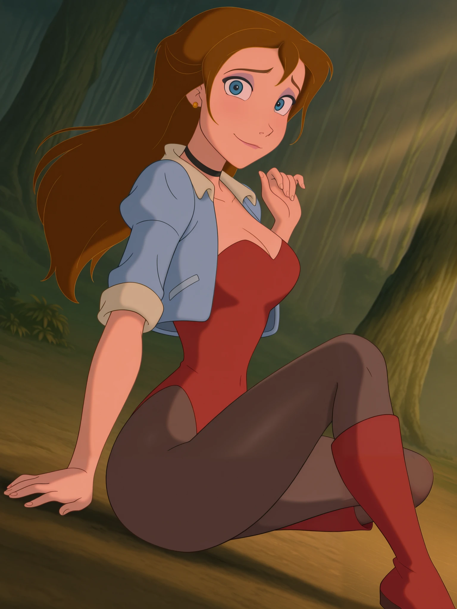 (anime screencap:1.2), background, 1girl, medium breasts, (JaneXL:1.1), long hair, brown hair, blue eyes, makeup, light smile, dutch angle, shy pose, shy, looking at viewer, daylight, portrait, dynamic pose, from side, blue small jacket, red leotard, black pantyhose, red thigh high boots, yellow earring, full body, black choker