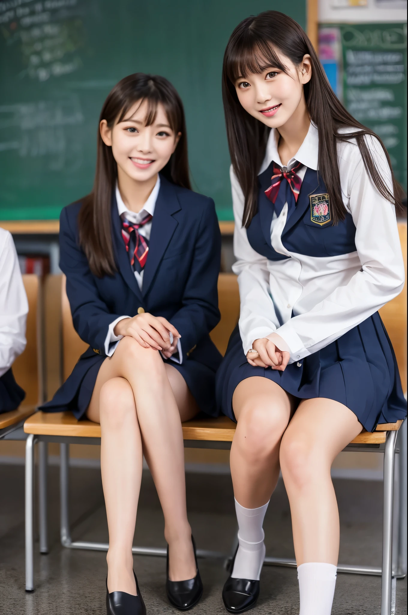 (full body)、((Highest quality)), ((masterpiece)), (Becoming closer), perfect face, , realistic, photo realistic, Highly Detailed Faces、 2 Beautiful Women 、 embarrassed expression、Small eyes、 big mouth、intelligent、ponytail、( stares at the viewer) , full bodyショット , Stand up、semen、Wet Skin、 camel toe、 thighsの隙間、Intimate girls line up in the school classroom,Navy Blue Blazer、navy blue pleated skirt、 white long sleeve shirt, Thailand for school uniforms, 18 years old,bangs, smiling slightly , thighs,Knee,from below, protruding, tempting, Provocative