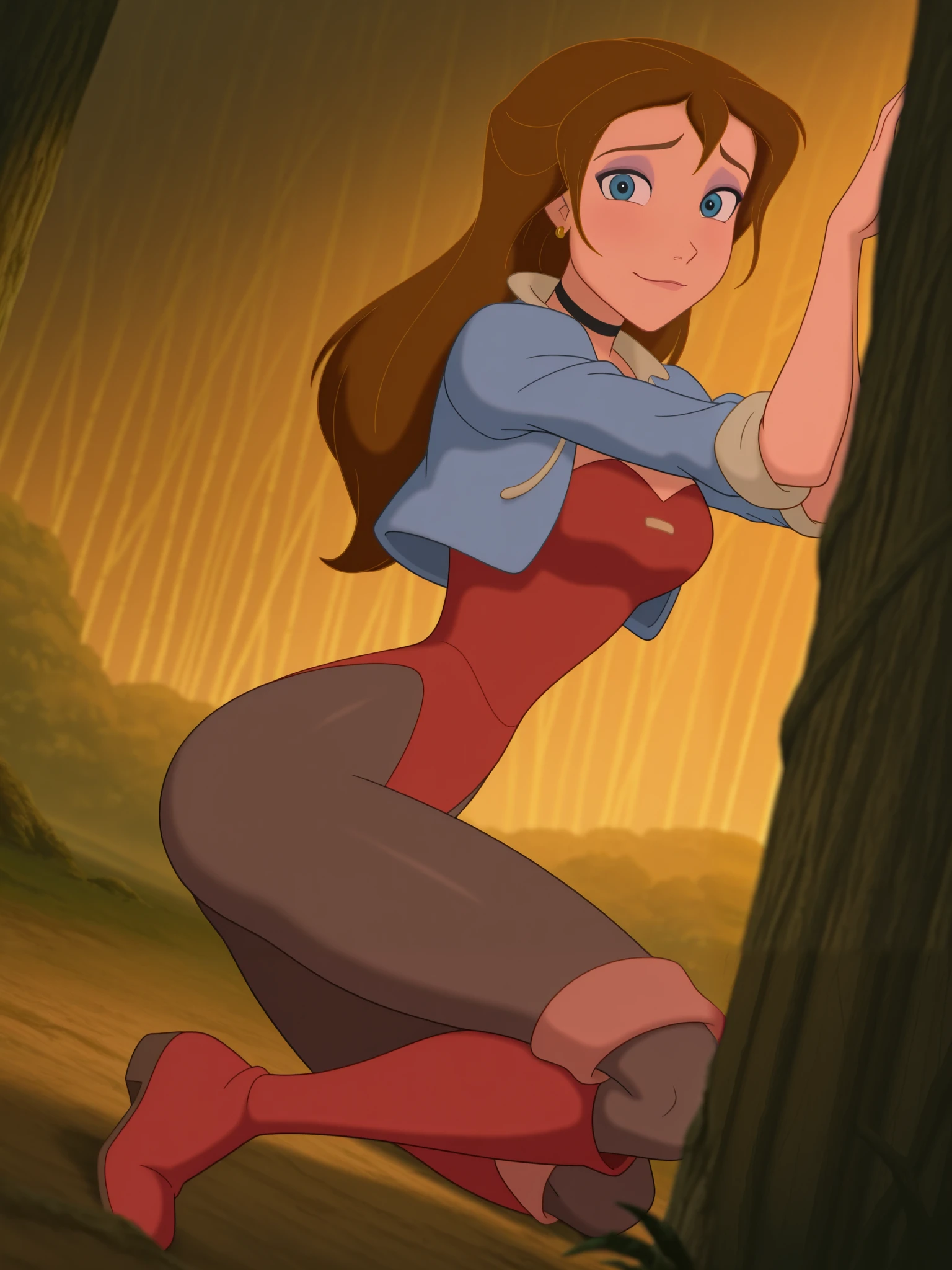 (anime screencap:1.2), background, 1girl, medium breasts, (JaneXL:1.1), long hair, brown hair, blue eyes, makeup, light smile, dutch angle, shy pose, shy, looking at viewer, daylight, portrait, dynamic pose, from side, blue small jacket, red leotard, black pantyhose, red thigh high boots, yellow earring, full body, black choker