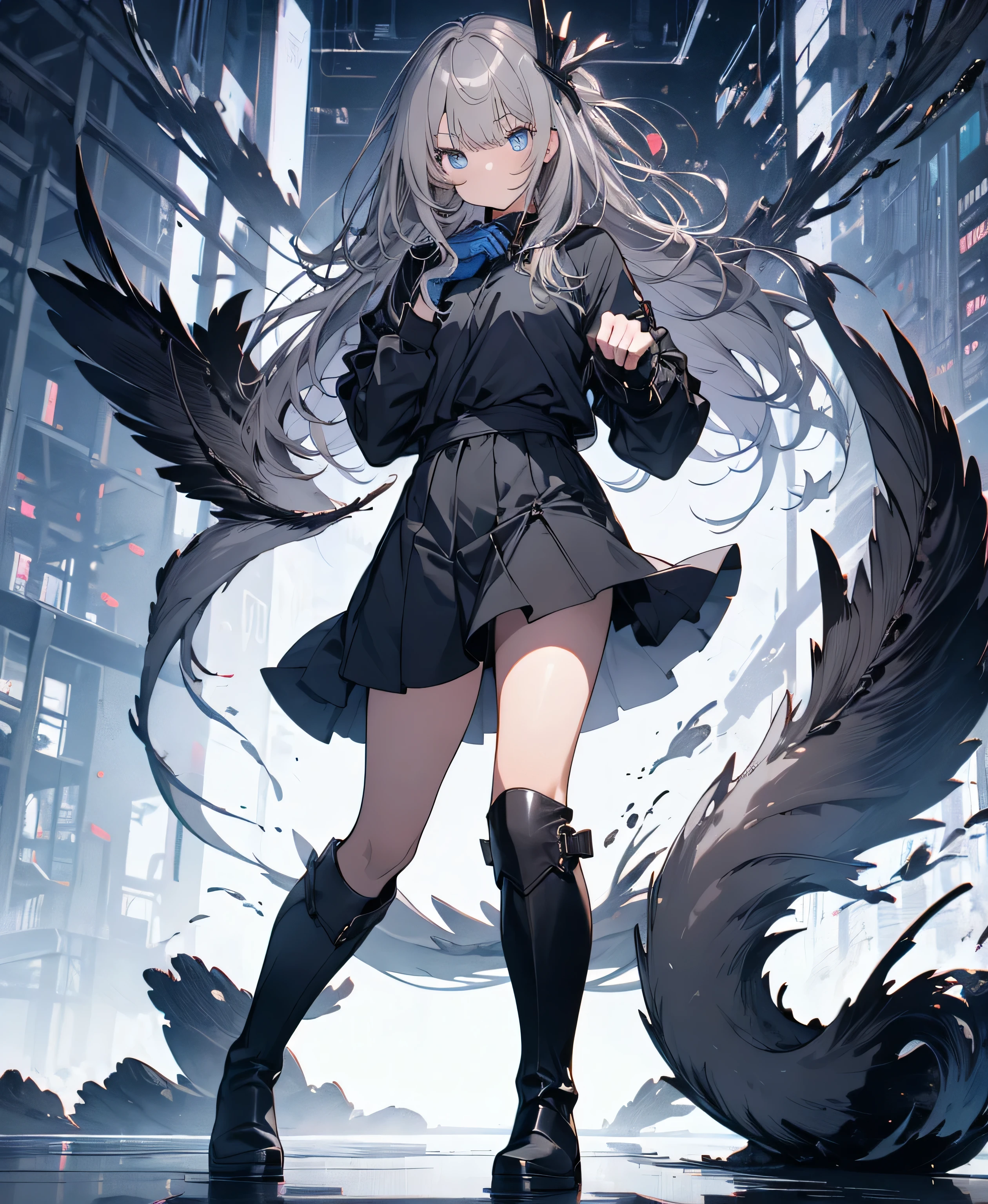 (Beautiful and beautiful eyes)、Long Hair,length, Blue-gray hair,two moles under the eyes,Beautiful purple eyes,Fine grain,Detailed face,Large Breasts,Black hoodie、Thin legs,length black boots、High resolution eyes、Jewel-like eyes、Straight hair、Minimal revealing clothing、short, Oversized black shorts、Attention to detail、High resolution、Shining Eyes