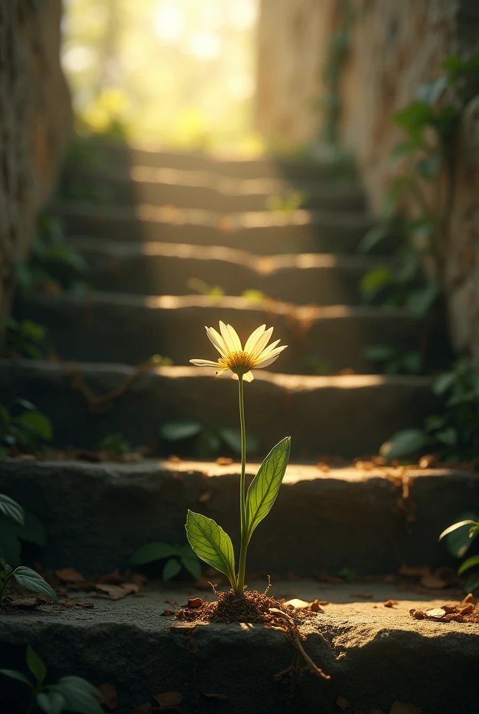 A cute and little Daisy flower arise and blooming from a shaddy, old, destroyed, broken stair, black theme outside of the flower