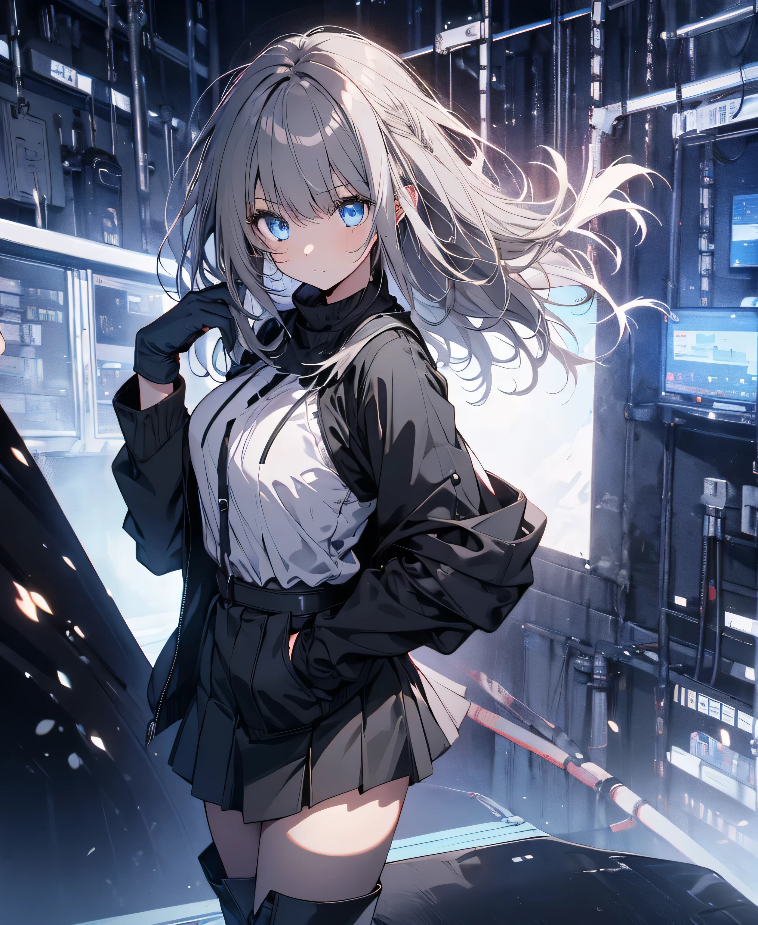 [one girl, comments, expressionless, positive for home, (gray hair:1.5), straight hair , (shortcut from elbow to hand:1.4),( blue eyes:1.3), Oversized Black Jacket , black skirt, long boots、try as hard as one can、 gloves up to the elbow