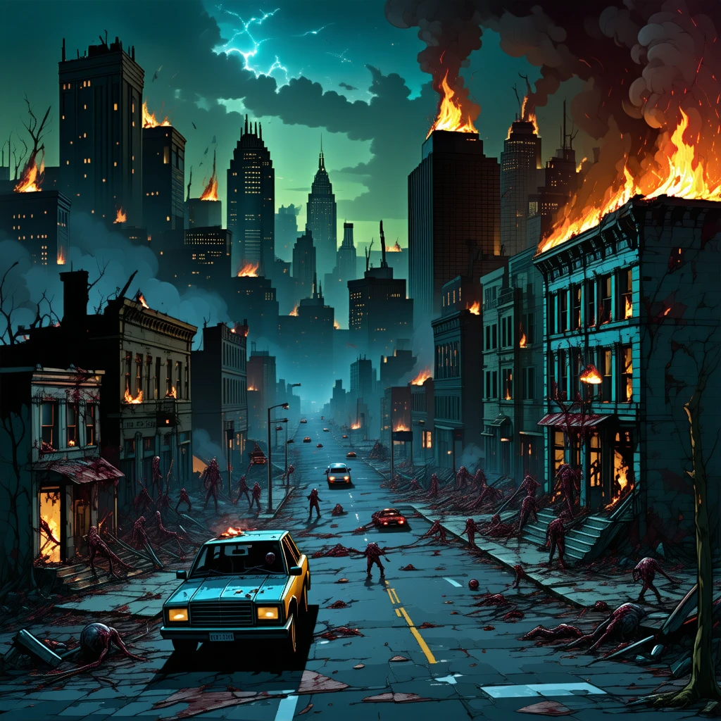 cataclysmic storming made with horror creatures, devastating a city. Horror art, unreal engine, UHD, sketch color drawing. Illustration by Dan Seagrave