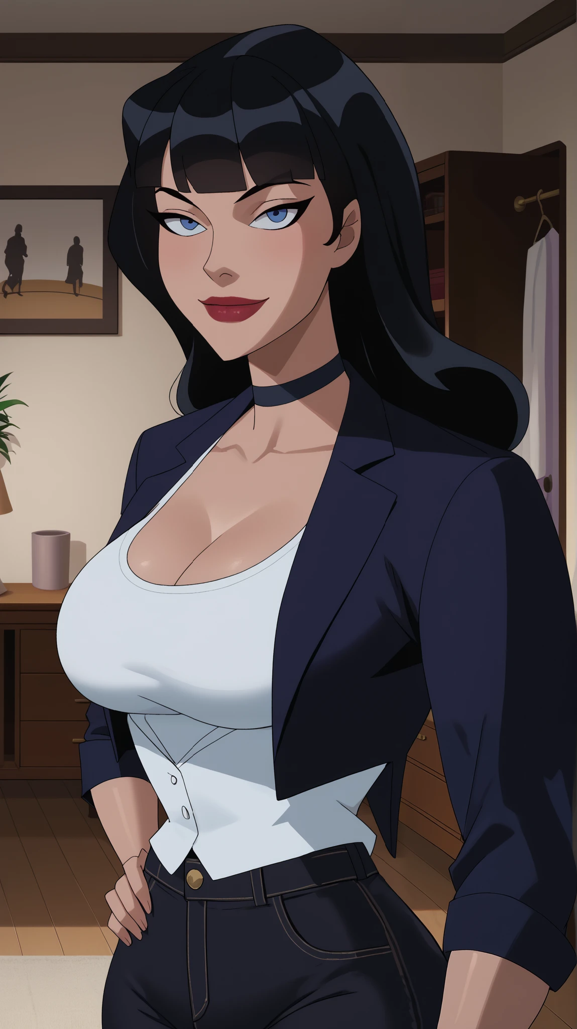 Score_9, Score_8_up, Score_7_up, Score_6_up, Score_5_up, Score_4_up, Source_cartoon, Tag1, Tag2, Quality_masterpiece, Anatomically correct, Beautiful face, Perfect face, Highly detailed beautiful face and eyes, Attractive face, Detailed face, Delicate facial features, Detailed skin, Wide hips, Huge butt, big butt, Thick thighs, Mature female, Bedroom eyes, Perspired BREAK Rating_safe, motherly face, bedroom, sultry woman, detailed eyes, looking at viewer, looking at viewer, mature female, young, sexy body, beautiful face, standing, Zatanna, long hair, blunt bangs, black jeans, white racerback tank top, choker, indoors, smiling, closed mouth, red lipstick, large breasts, happy expression, blue eyes, black bomber jacket, black hair, open jacket, bedroom, hands on hips, seductive pose
