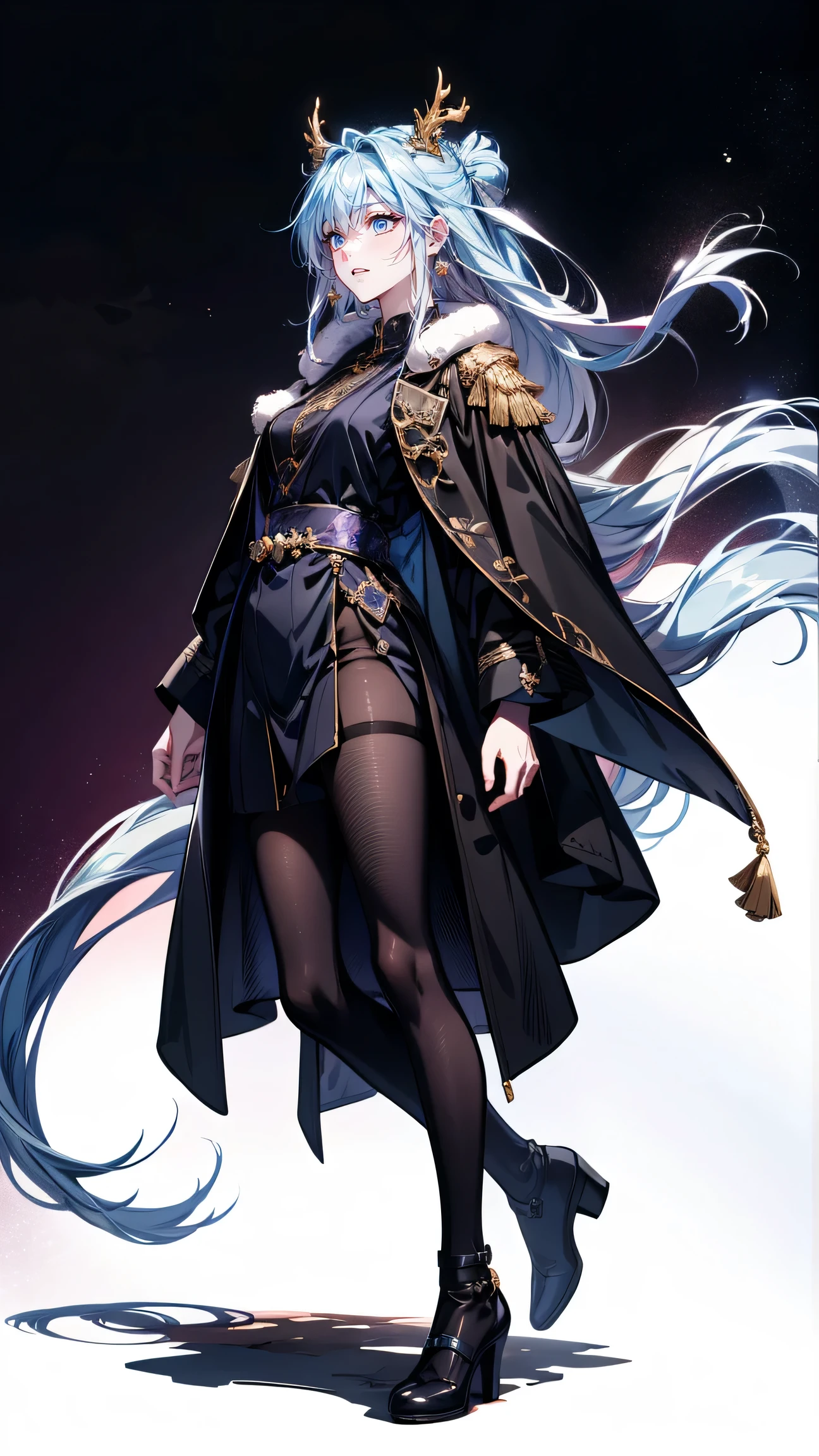 Brilliant work , smartphones, 1 Xiao Wu , Face Color Looks Cool , Strong, Golden left eye , Red right eye , long hair, ผมดำ, Steadfast eyes , Simple Uniform , Black Long Earrings , Contemporary Mandarin , Front view , Simple Background , purple background , Anime, illustration, Whole body , Bun , Black Wool Coat with Fluffy Shoulders , , Whole body , Character Data Sheet