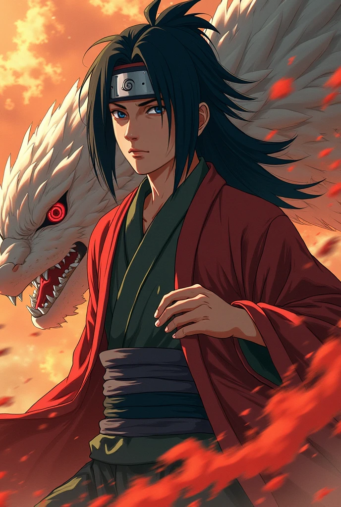 Create a Naruto style character. Big black hair with a sword, he has one red eye and one blue eye. His clothes are all black. Now he is sleeping the nine-tailed fox.