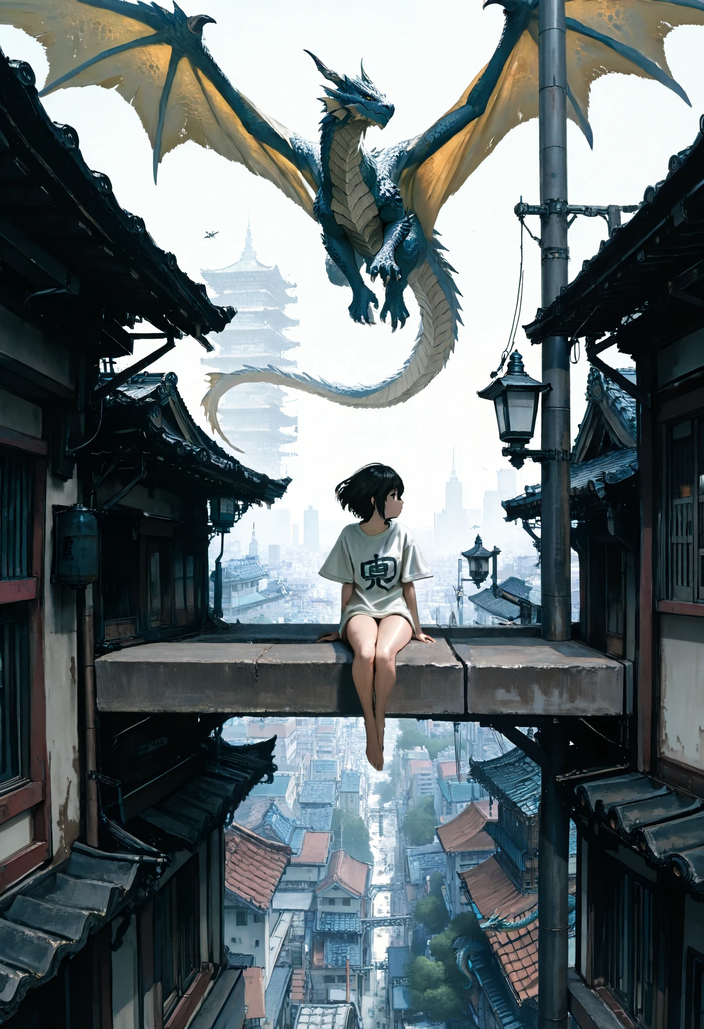1 girl,with legs hanging,sitting on a ledge,height,Japanese city,street lamp,((montruo flying en el cielo)),giant monster,Dragon gigante,alas,scales,(flying),Masterpiece,t-shirt, newest ,absurdres, highres,very far away view,detailed background