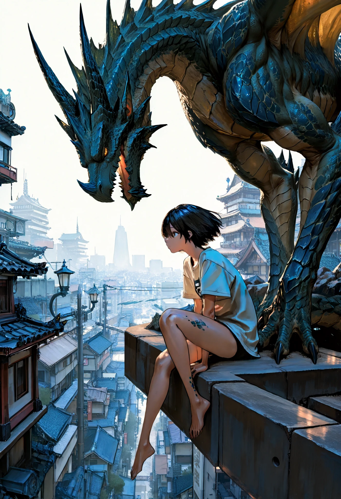 1 girl,with legs hanging,sitting on a ledge,height,Japanese city,street lamp,((montruo flying en el cielo)),giant monster,Dragon gigante,alas,scales,(flying),Masterpiece,t-shirt, newest ,absurdres, highres,very far away view,detailed background
