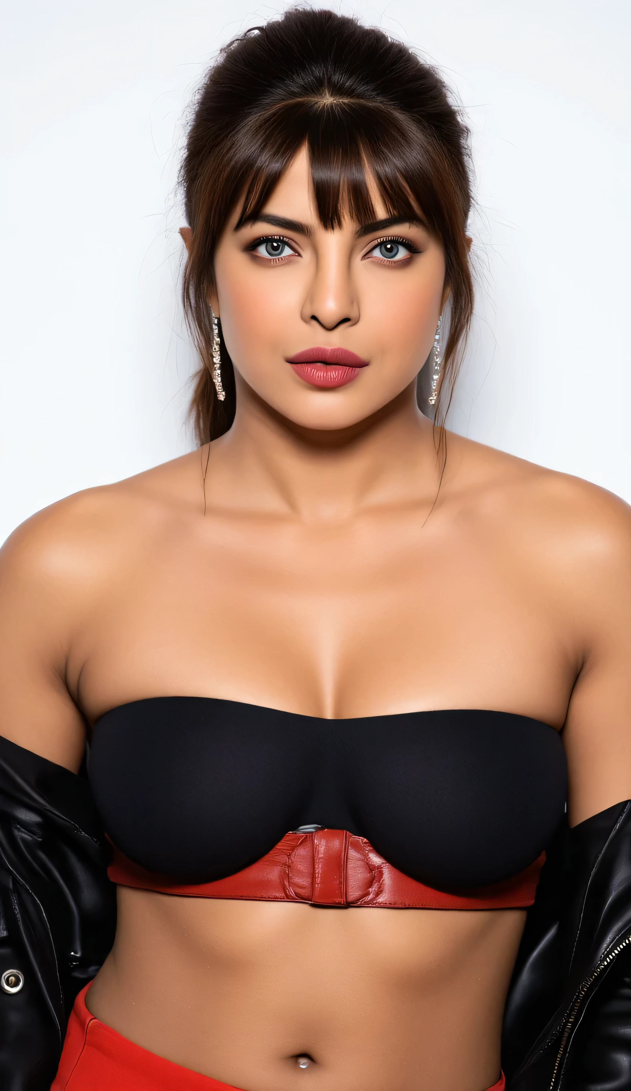 Priyanka choprabeautiful 25 years old actress sexy curvy size model woman , wearing long hair, ponytai, blue eyes, short hair, swept bangs, choker, earrings,bandeau crop top , red belt, strapless, bare shoulders, large breast, black jacket, brand shoot, detailed hairy armpits,