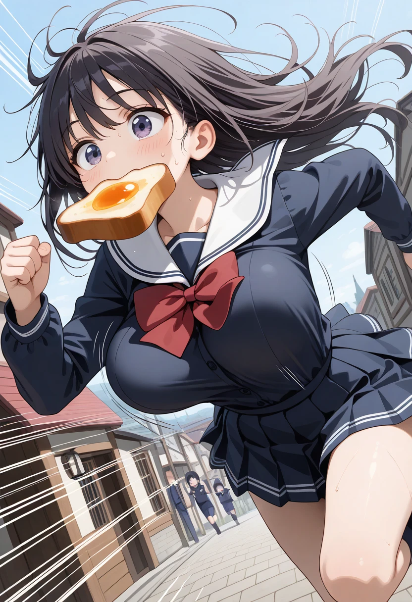 masterpiece, best quality, amazing quality, very aesthetic, absurdres, cute face, slender, detailed eyes, detailed hair,
BREAK
1girl,real skin,very cute face,tareme,(large breasts:1.1),dark hair,long hair,
BREAK
((school uniform,navy serafuku):1.0),navy shirt,navy long sleeves, white sailor collar,sleeve lines,
BREAK
(navy skirt,pleated miniskirt),
BREAK
(hold in mouth bread:1.0),Toast,(running,go crazy),bouncing breasts,messy hair,panic,great excitement, sweat,outdoors,town,morning,solo forcas,(motion blur,speed line),