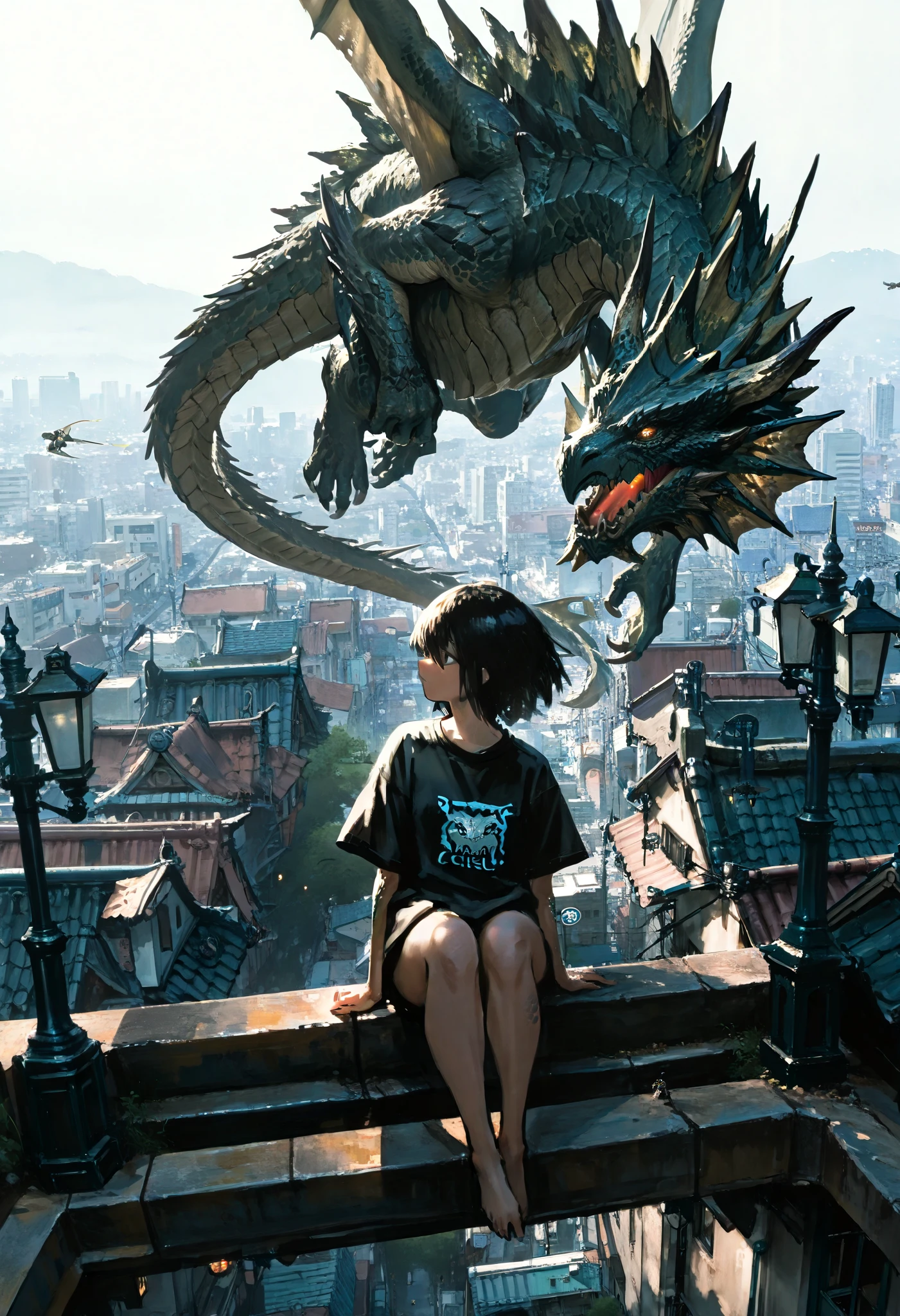 1 girl,with legs hanging,sitting on a ledge,height,Japanese city,street lamp,((montruo flying en el cielo)),giant monster,Dragon gigante,alas,scales,(flying),Masterpiece,t-shirt, newest ,absurdres, highres,very far away view,detailed background