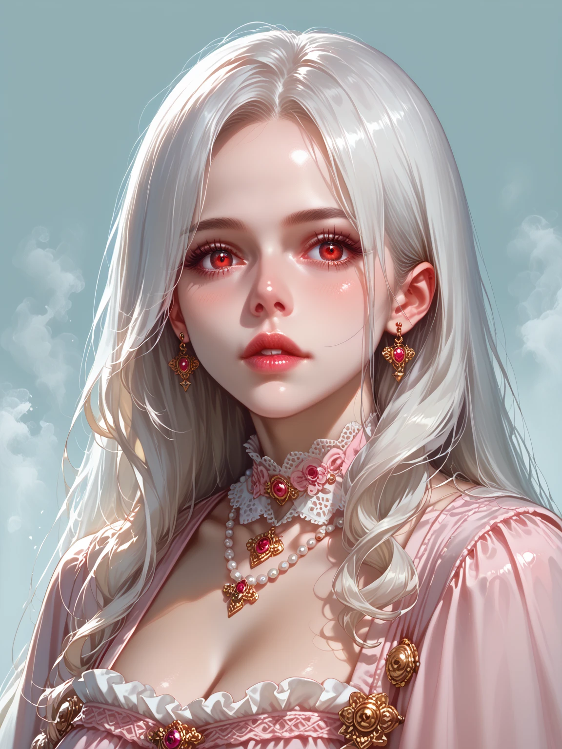 Red and white color scheme,Sexy girl nipple,little body,Petite,White curly hair,from the above