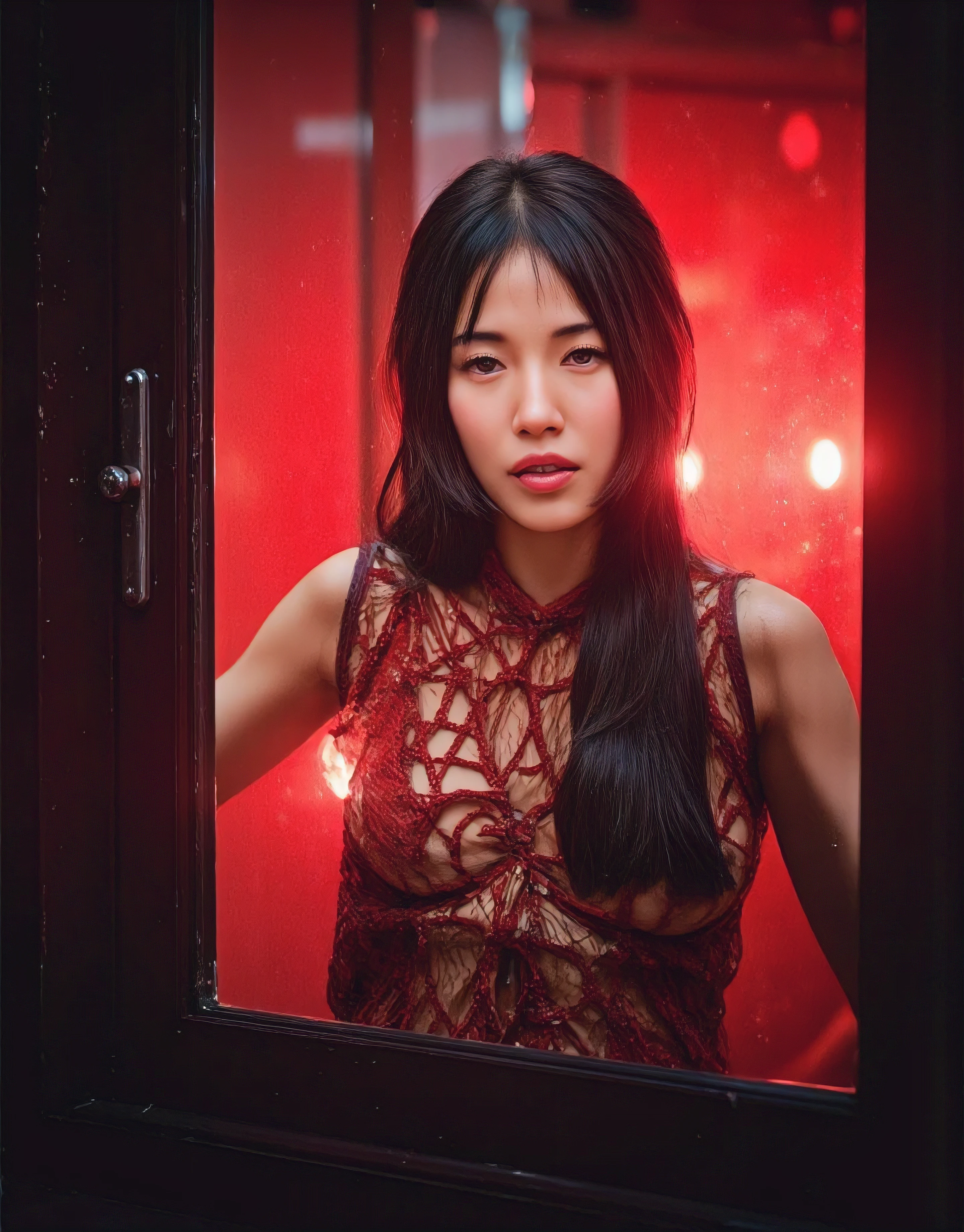 (((Full body view:1.8))), 1 girl, (((voyeur photography))), Cinematic photography of a window reflection from a tall skinny beautiful Korea sensual actress Bae Suzy posing naked in the window of glass-wall apartment with cinematic red neon lighting, (((Bae Suzy realistic face:1.3))), (((very beautiful thin face:1.3))), (((perfect detailed eyes))), (((very pointy nose))), (((very lustful gaze))), (((very flirty smile:1.3))), (((skinhead hairstyle:1.3))), (((very skinny sensual tall body:1.3))), wearing a (((very very open geometric red net-knitting robe:1.3))), (((very beautiful big round breasts))), (((very very beautiful large areola protruding))), (((very very pointy beautiful nipples shape))), (((slim abs:1.3))), (((very skinny legs:1.3))), (((spreading legs very wide:1.8))), (((not wearing panty))), showing (((very very wide open vagina hole:1.8))), (((very very dense pubic hair:1.5))), (((very very thick pubic hair:1.5))), (((perfect skinny body anatomy:1.3))), (((very sensual dynamic pose:1.3))), foreground is a (((window of glass-wall apartment:1.3))), foreground is a (((red neon lights reflection on the window:1.3))), very sharp focus, narrow depth of fields, bokeh, Kodachrome film color, (((cinematic red neon lighting:1.3))), stills from Gaspar Noe film, featured on Playboy Magazine, popular in Pornhub, hyperrealism, neo noir, night photography, 90's hardcore porn photography, neo noir porn, Bae Suzy sensual prostitute girl, sensual smoking body, hot looking Korea sensual porn actress, posing (((behind the window of glass-wall apartment:1.3))), sensual movie photo, Bae Suzy posing naked with very very open geometric red net-knitting robe, ultra erotic look, cinematic noir porn
