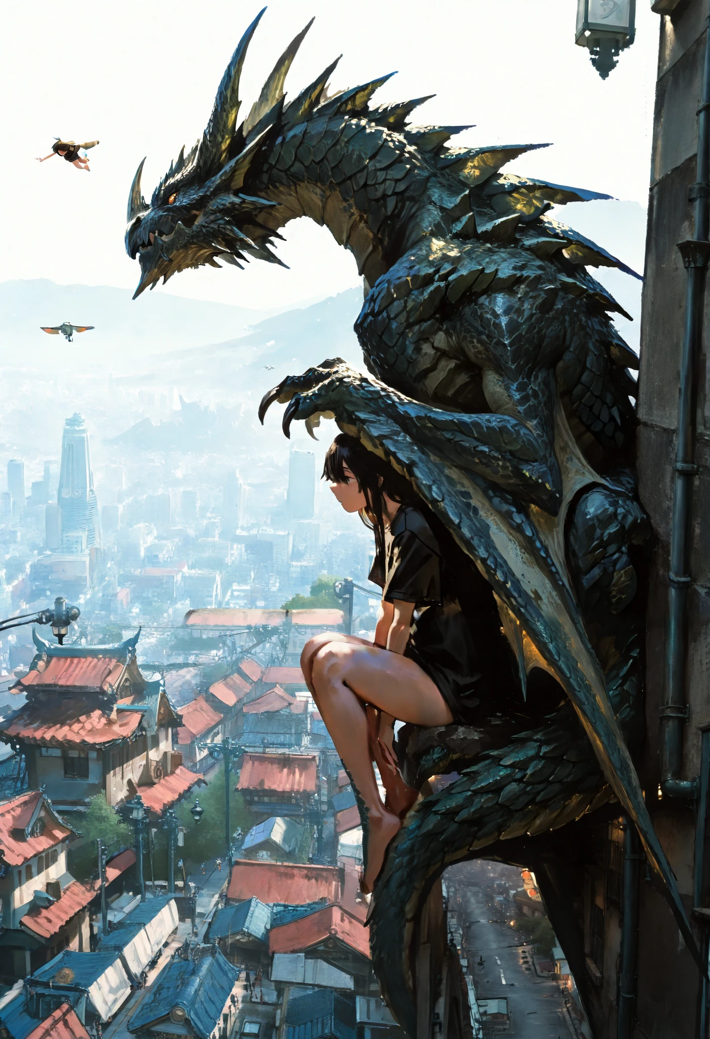 1 girl,with legs hanging,sitting on a ledge,height,Japanese city,street lamp,((montruo flying en el cielo)),giant monster,Dragon gigante,alas,scales,(flying),Masterpiece,t-shirt, newest ,absurdres, highres,very far away view,detailed background