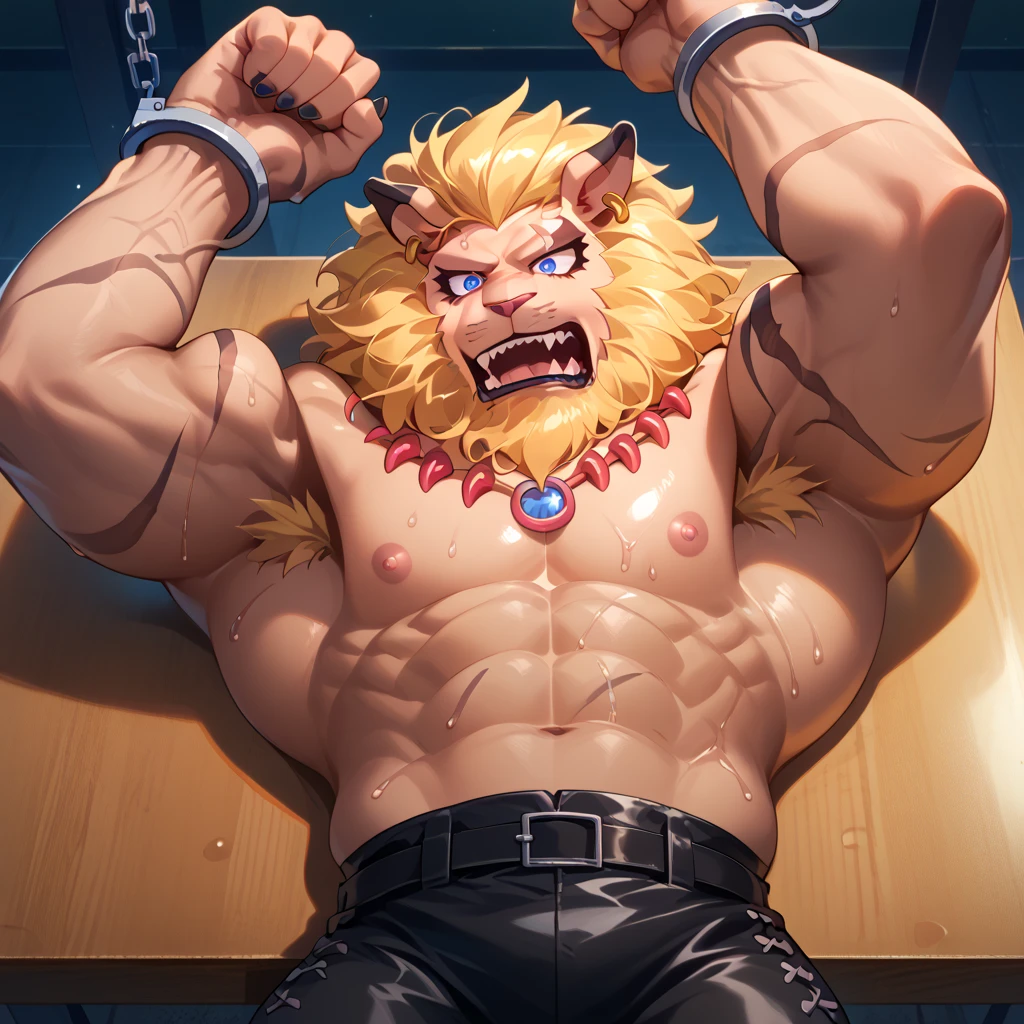 a burly one, furry tiger，Rich chest muscles，His hands and feet are bound by chains ，Chains wrapped around his chest,He was chained to the body，He has a metal collar around his neck，Chains wrapped around his chest，His chest muscles were tightly bound by chains，He has iron rings around his arms and neck，locked in cell,painful struggle，The chain clung to his muscles，Arms were covered with iron rings，chain，His arms are tied with chainake him miserable，painful gasp，Left hand  handcuffed to the wall，His body  bound by huge chains，His body was tied with more than a dozen chains, He was caught and imprisoned