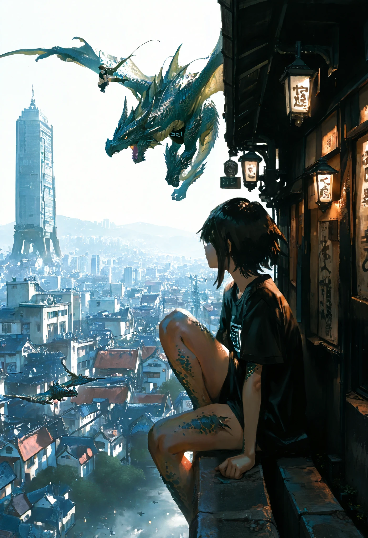 1 girl,with legs hanging,sitting on a ledge,height,Japanese city,street lamp,((montruo flying en el cielo)),giant monster,Dragon gigante,alas,scales,(flying),Masterpiece,t-shirt, newest ,absurdres, highres,very far away view,detailed background