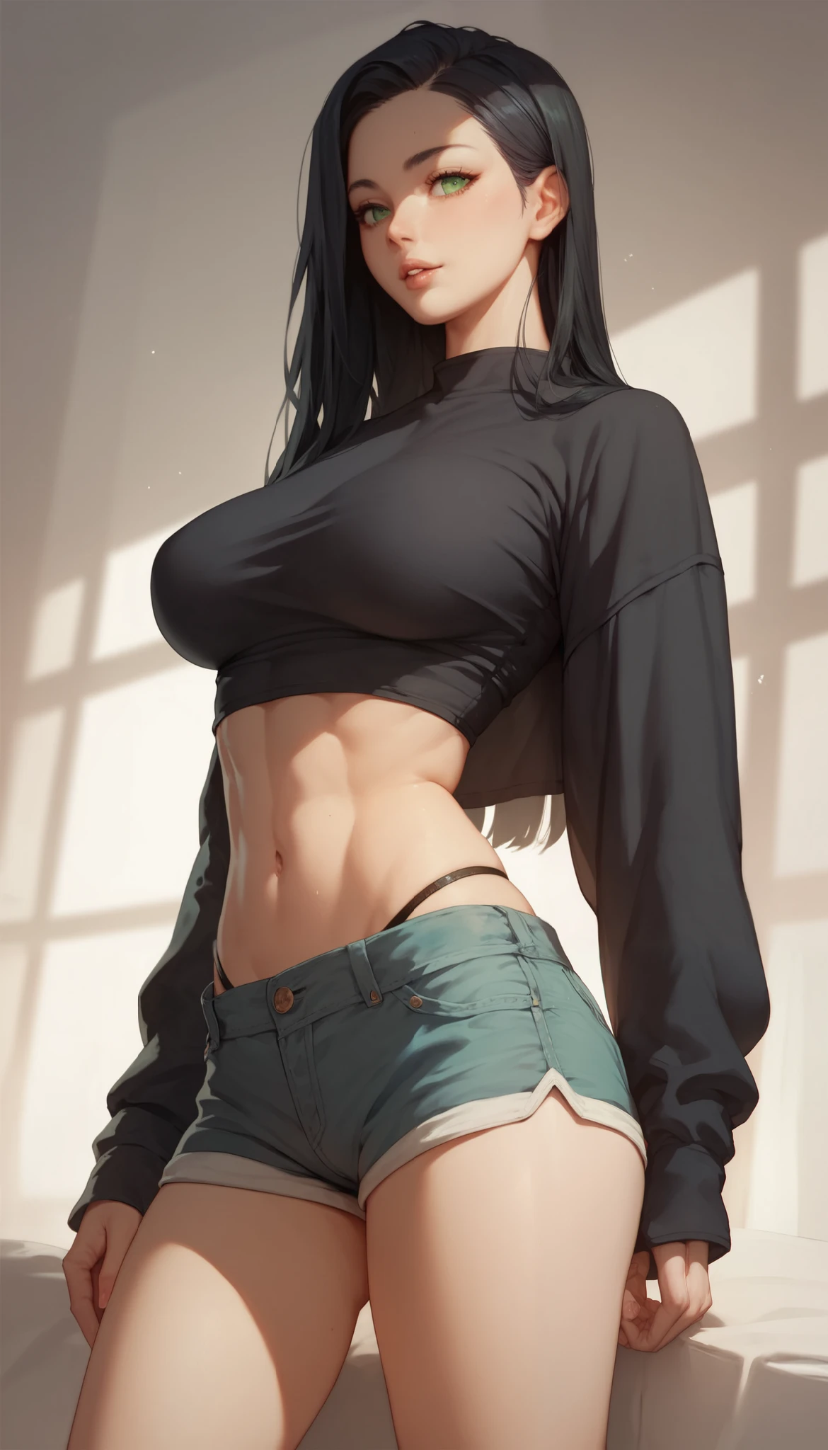 girl, With big breasts, curvy body, black top, dark red shorts, ebony dark skin, by white, crimson red eyes, seductive smile