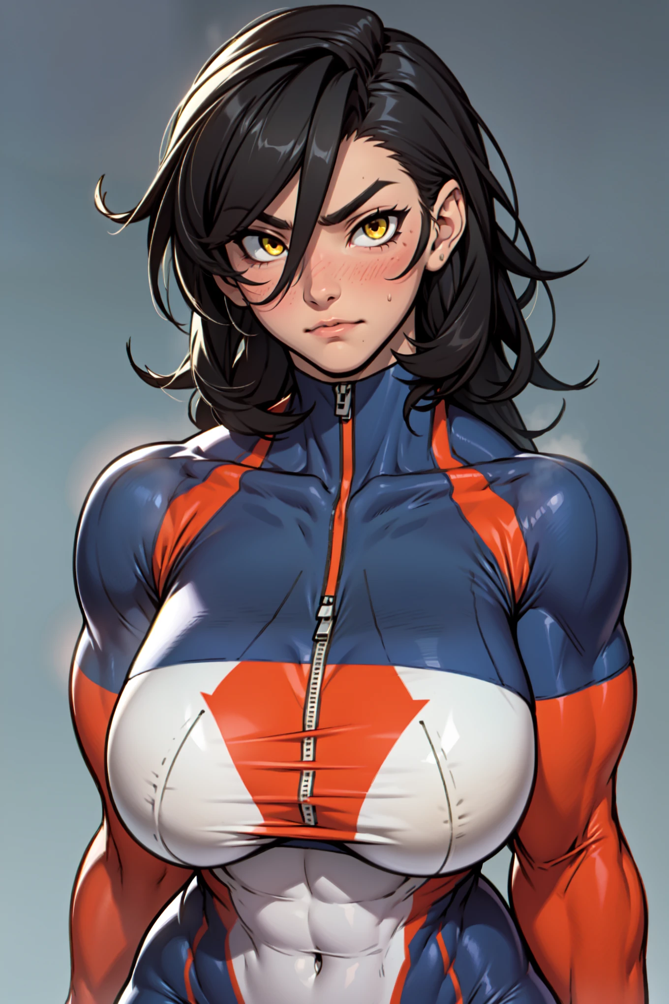 ((girl muscular thick)) pale skin black hair ultra detailed eyes huge large breasts toned body embarrassed blush very long hair skintight suit yellow eyes hair flaps cleavage