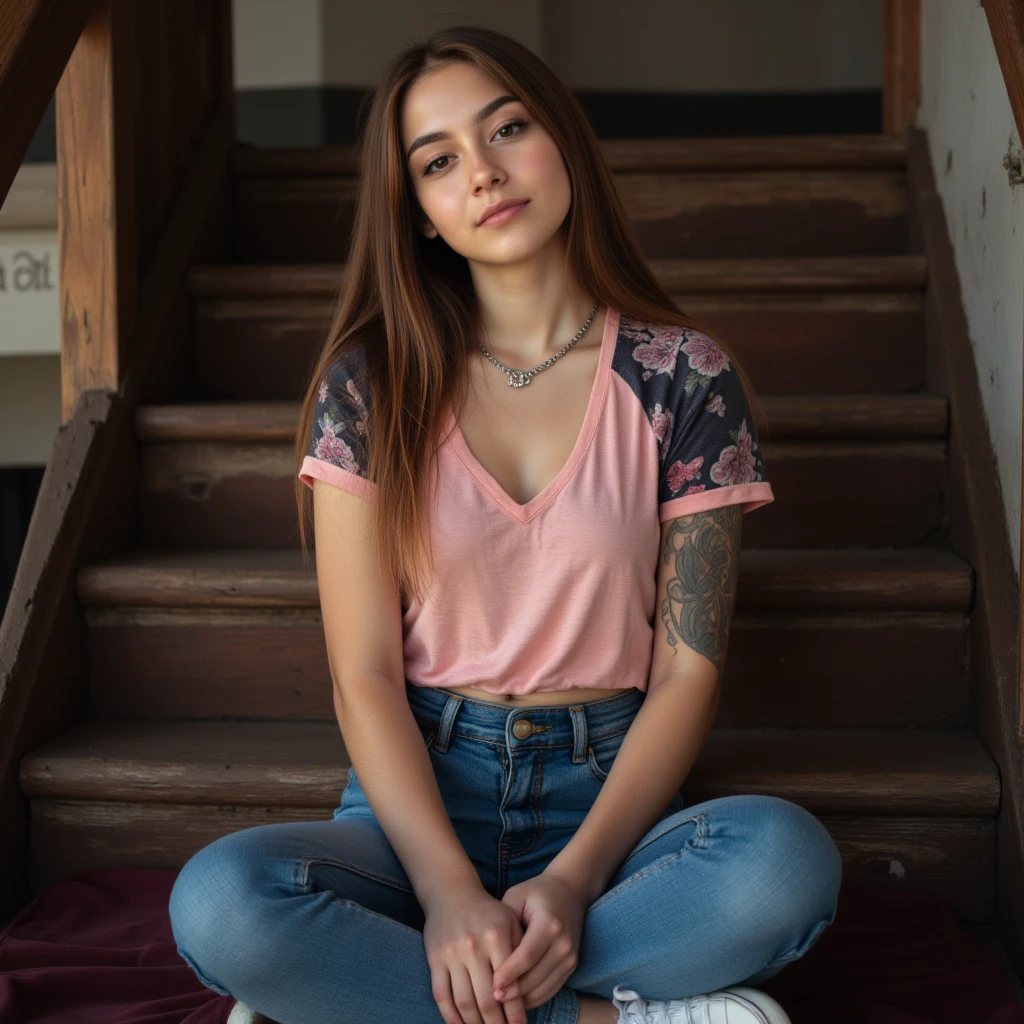 Uma mulher de 30 anos, estatura mediana, pele clara, olhos arredondados, cabelo castanho longo com luzes, with tattoo on arm, sitting on the doorstep of a house wearing jeans and a pink blouse