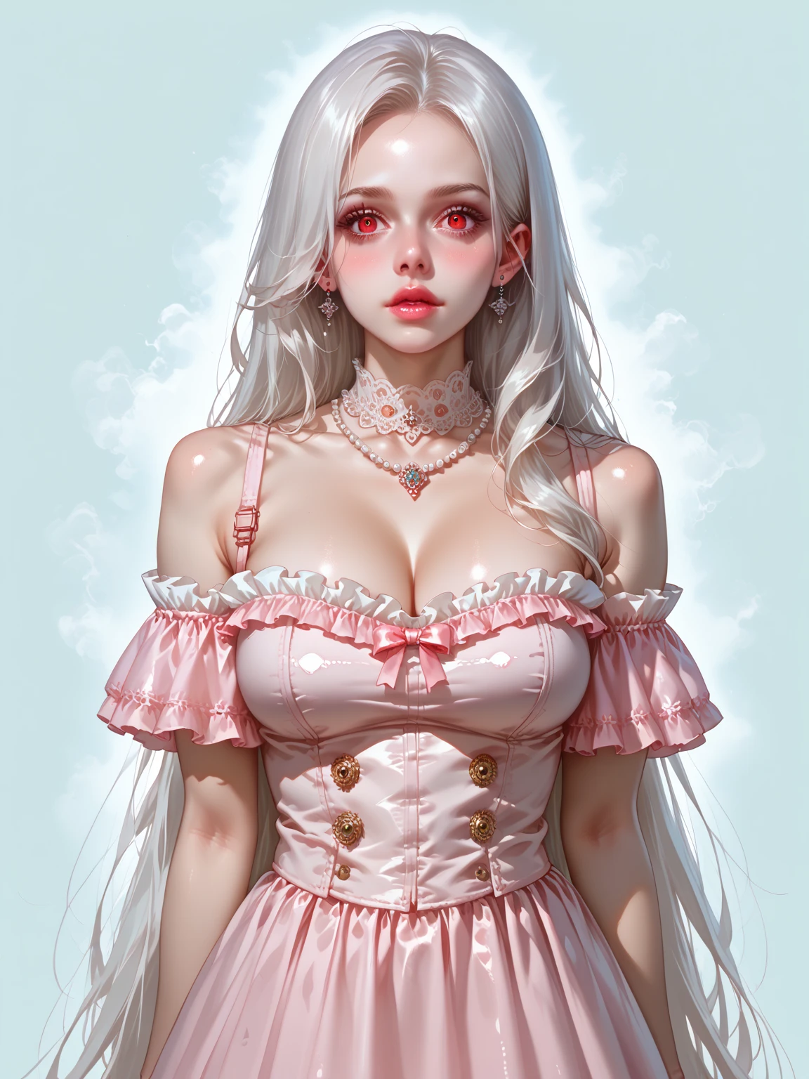 Best quality, Works of masters, A high resolution, 1girl, Super beautiful face, super beautiful eye, Super beautiful pink mohawk hair,(MagazineCover:1.2),Trendy Harajuku-inspired rock outfits,Expose shoulders, accentuated super huge enormously gigantic , cleavage showing