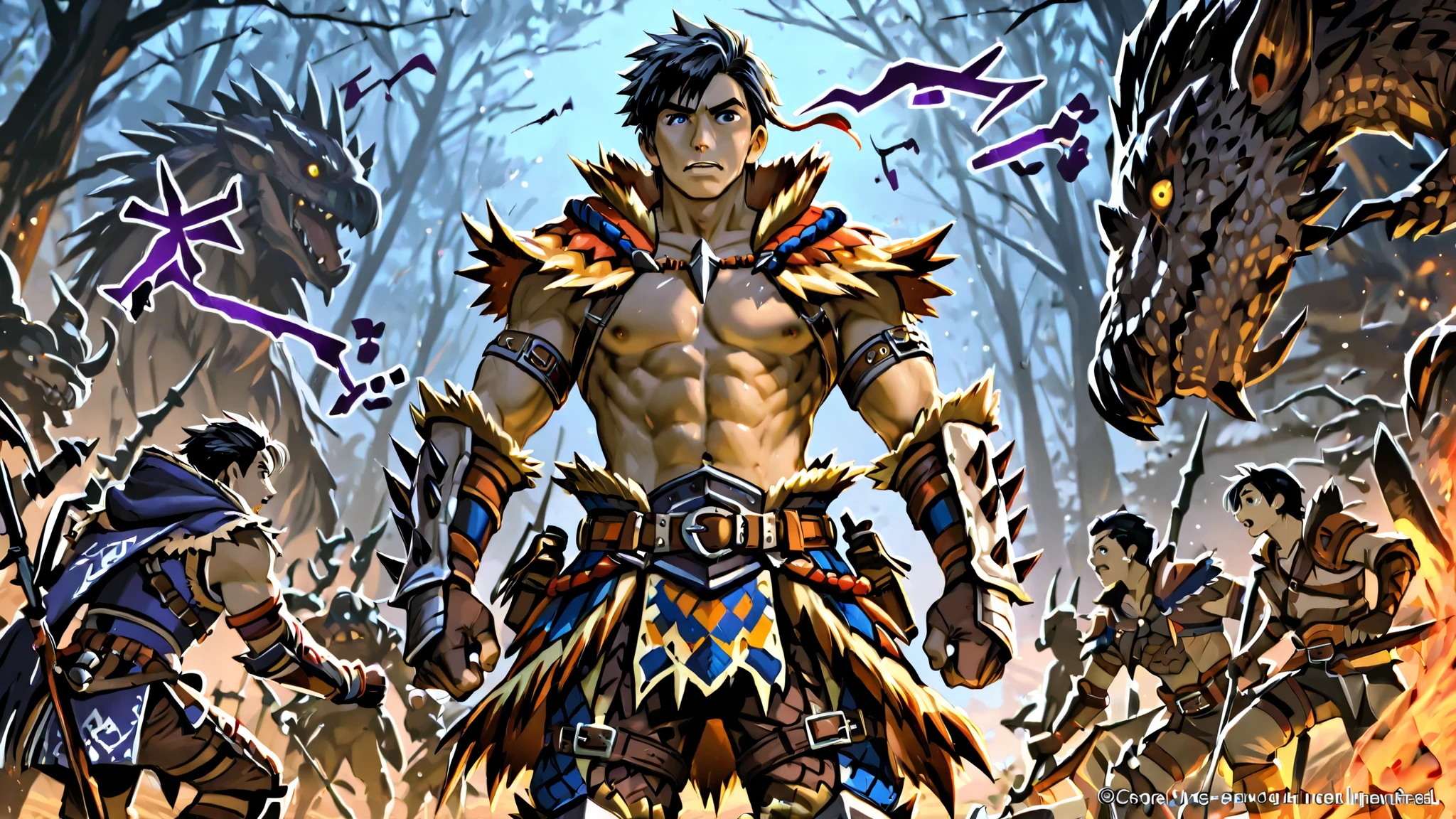 Imagine a Monster Hunter Wilds world. Show me a character who is a male with black hair, medium physique but not muscly. He should be in front of a dead monster looking at the camera with a menacing look. Three other monster hunters are celebrating him in the background.