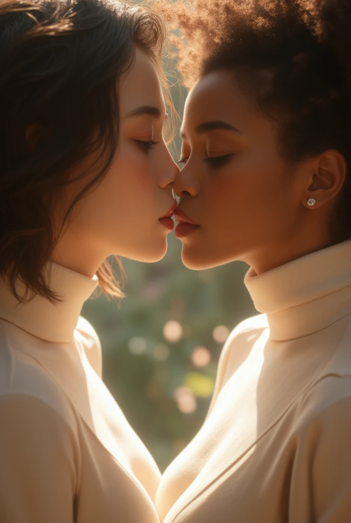 (masterpiece, highest quality, beauty and aesthetic), photograph, beautiful face, perfect face, highly detailed beautiful face and eyes, delicate facial features, detailed skin, shiny skin, two gorgeous and stunning dark-skinned or pale-skinned young girls are deeply in love with each other, kiss, perfect make-up, romantic atmosphere, snow and moon, magnificent panorama view