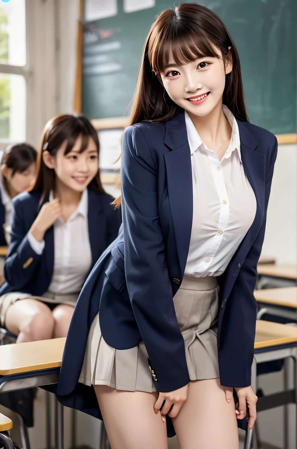 (full body)、((Highest quality)), ((masterpiece)), (Becoming closer), perfect face, , realistic, photo realistic, Highly Detailed Faces、 2 Beautiful Women 、 embarrassed expression、Small eyes、Black eyes、 big mouth、 intelligent、ponytail、( stares at the viewer) , full bodyショット , Stand up、semen 、Wet Skin、 camel toe、 Gap between thighs、Intimate girls line up in the school classroom,Navy Blue Blazer、navy blue pleated skirt、 white long sleeve shirt, Thailand for school uniforms, 18 years old,bangs, smiling slightly , thighs,Knee,from below, protruding, tempting, Provocative, Orderly、trained body