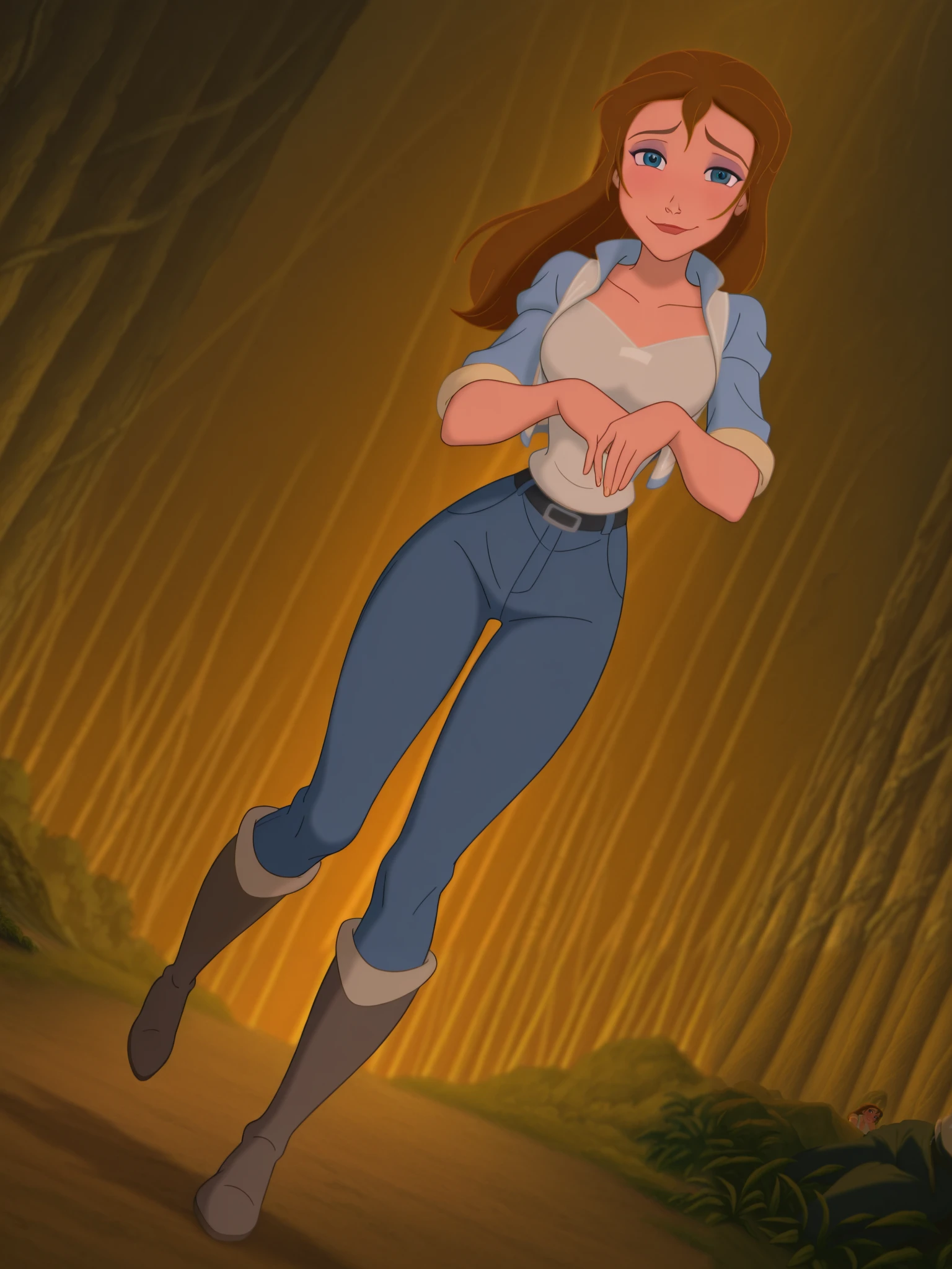 (anime screencap:1.2), 1girl, medium breasts, (JaneXL:1.1), long hair, brown hair, blue eyes, makeup, light smile, dutch angle, shy pose, shy, looking at viewer, portrait, dynamic pose, blue small jacket, white vest, black belt, blue pants jeans, black thigh high boots, full body, red lips