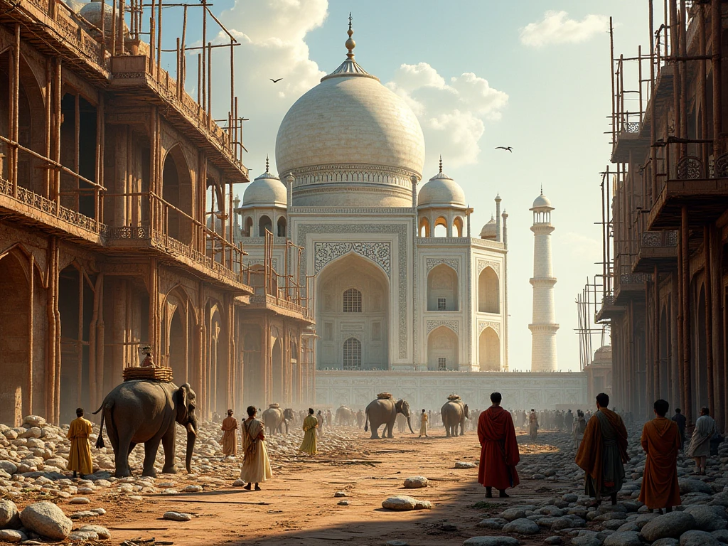 Construction of the Taj Mahal: A majestic scene of the Taj Mahal under construction with artisans and laborers working on the white marble structure. The iconic dome and minarets are partially completed, and the Yamuna River can be seen in the background in dall e-3 style