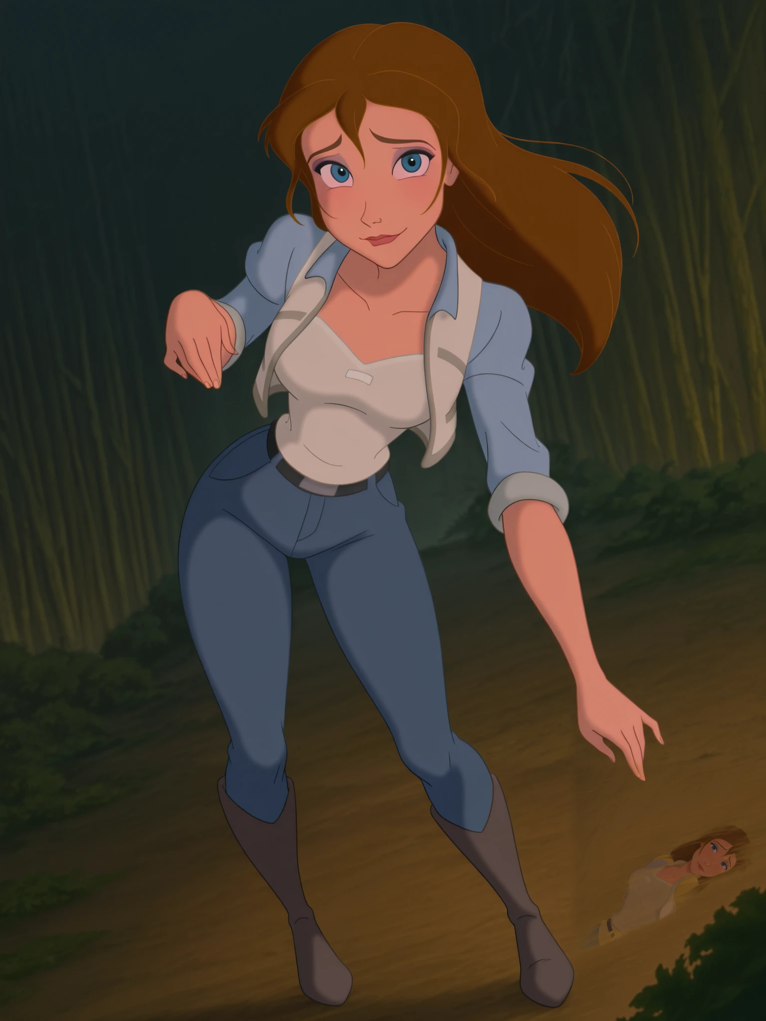 (anime screencap:1.2), 1girl, medium breasts, (JaneXL:1.1), long hair, brown hair, blue eyes, makeup, light smile, dutch angle, shy pose, shy, looking at viewer, portrait, dynamic pose, blue small jacket, white vest, black belt, blue pants jeans, black thigh high boots, full body, red lips