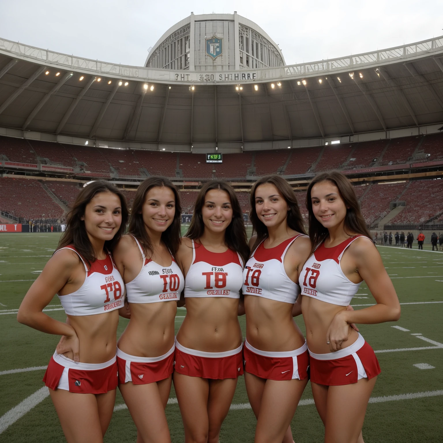 3, three Ala-Fed Asian cheerleaders posing dynamically with pom-poms in stadium, taking a selfie, selfie, up view, close-up, photo, anime , small breasts, RAW photo, best quality, high resolution, (masterpiece), (photorealistic:1.4), professional photography, sharp focus, HDR, 8K resolution, no panties, showing pussy, upskirt, complex details, depth of field, Highly detailed CG Unity 8k wallpaper, front light, NSFW, women, girl, beautiful supermodel, smile, slender, small cheer uniform, yellow, marie rose