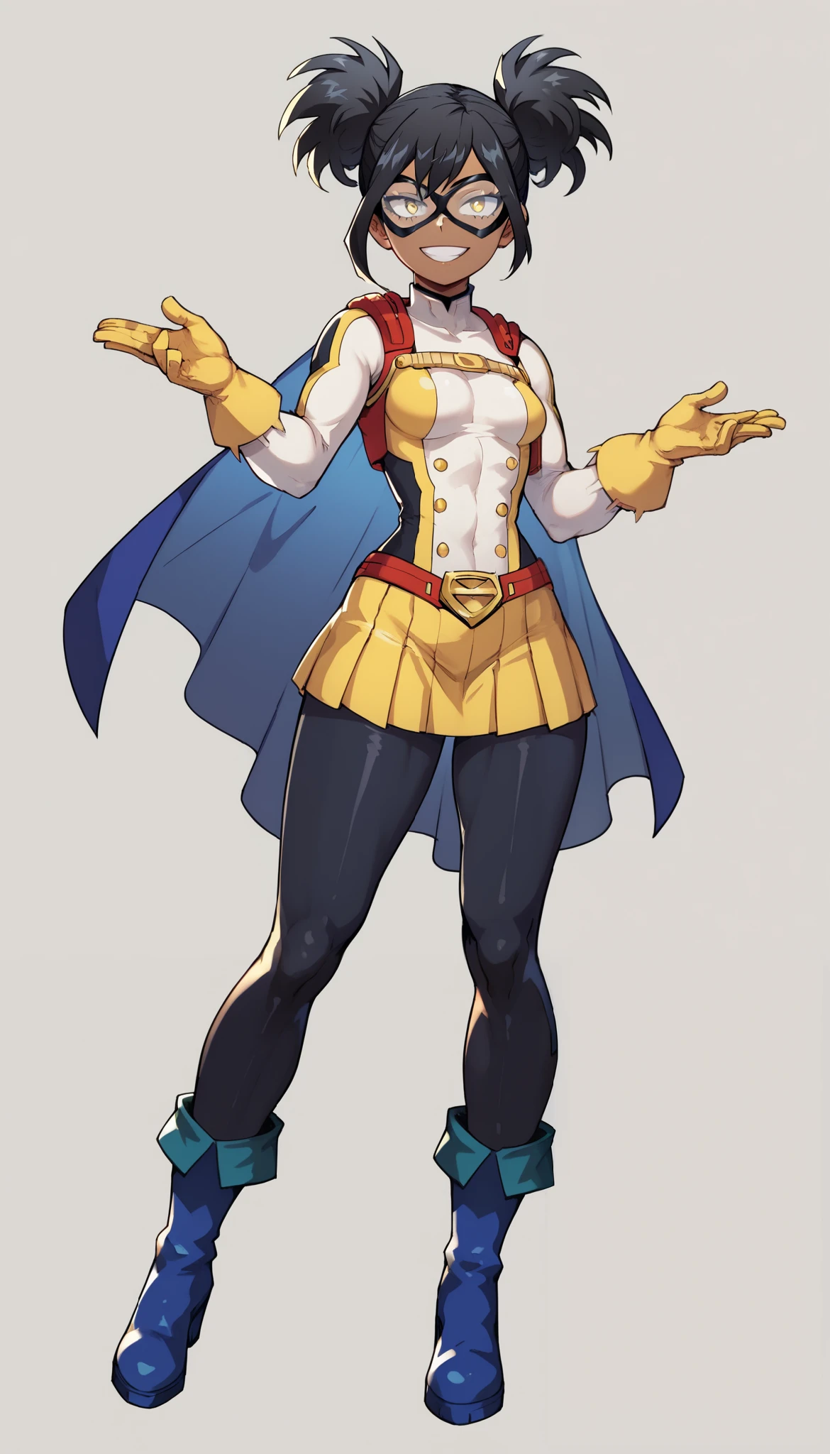 (My Hero Academia Style), (High Quality), 1Girl, Solo, Anthro, Young Girl, (Dark complexion), (yellow eyes), (black hair), (Hair tied in two high back ponytails), (Hero costume with yellow double-breasted jacket on top and yellow short skirt on the bottom), (Hero suit with yellow double-breasted jacket), (Hero suit with yellow underskirt), (Black tights)(blue boots and gloves), (hero boots and gloves), (blue hero cape), (blue cape), (hero cape), (small breasts), (Flat), (medium calves), (medium hips), (medium thighs), (slender waist), (perfect anatomy), (perfect hands), (super detailed), (simple background) ((Perfect face)), (Black domino mask with white eyes), (black domino mask), ((eyewear)), (looking at viewer), (full body photo:1.5),