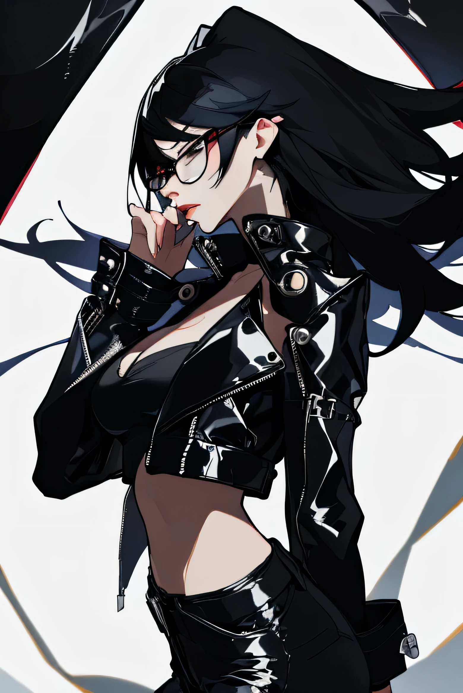 (highest quality、masterpiece:1.2) profile、black hair one side bang,、 black eyes, human、tall、a dot under her lip (Ferocious look、), (black tube top,black leather pants、black leather jacket 、bayonetta black glasses )