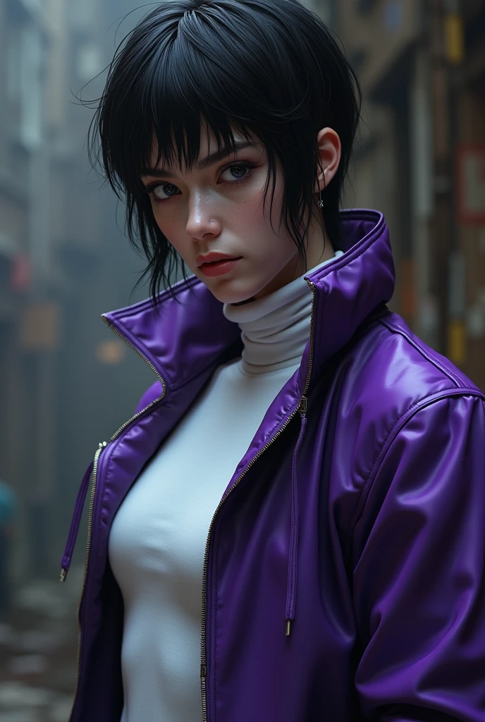 (Masterpiece:1.4), (best quality, high resolution:1.4), cowboy shot, futuristic city, dark city, neon lights, cybernetic, solo, 1girl, kusanagi motoko, expressionless, closed mouth, purple hair, crossed arms, jacket, leotard, thighhighs, gloves, cleavage looking at viewer, beautifull smile, beautiful face, highly detailed face, highly detailed eyes, highly detailed skin, skin pores, subsurface scattering, realistic pupils, full face blush, full lips, detailed background, depth of field, volumetric lighting, sharp focus, absurdres, realistic proportions, good anatomy, (realistic, hyperrealistic:1.4), 16k hdr,