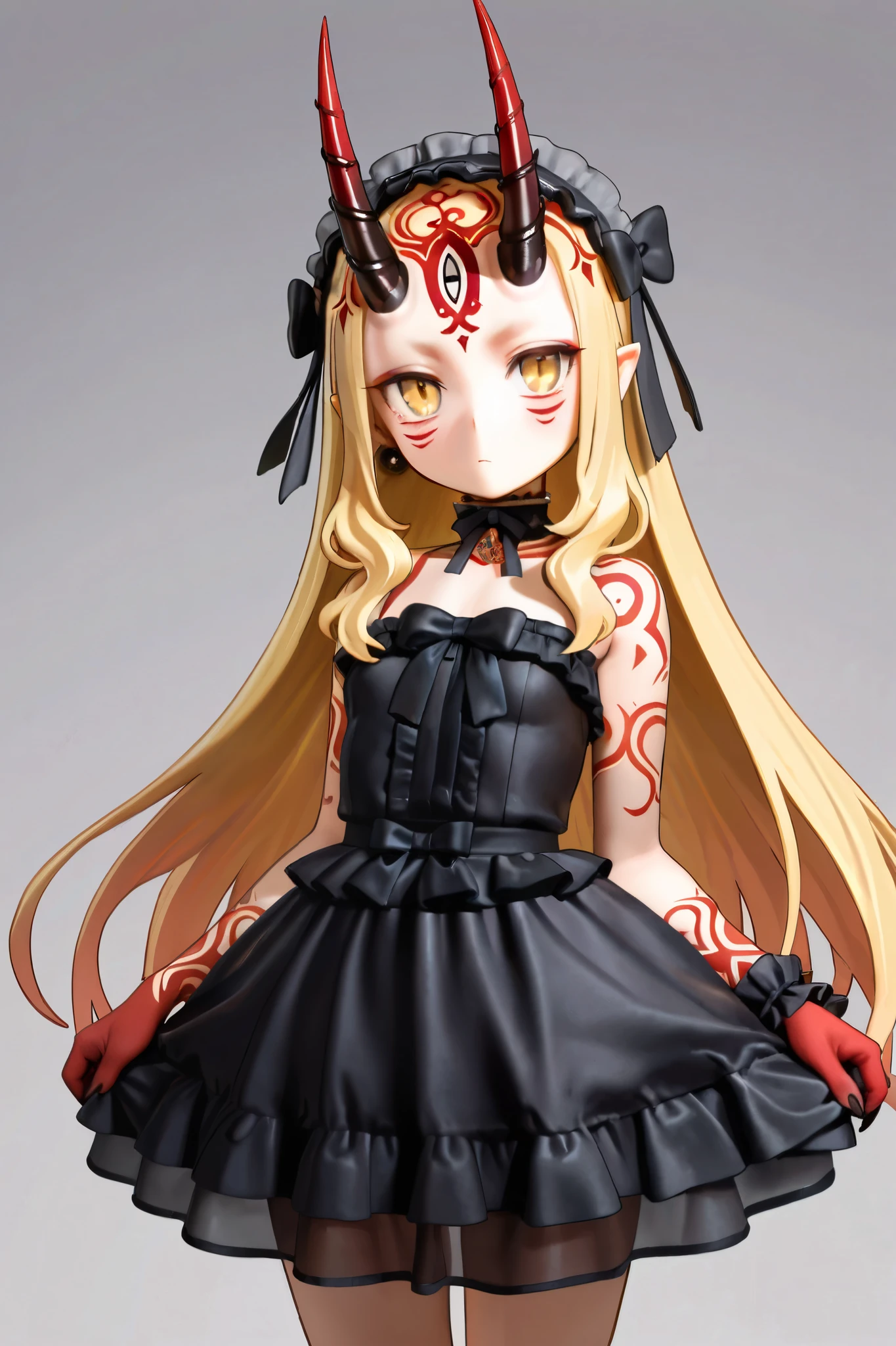 NSFW,masterpiece,Highest quality,Hi-Res,very detailed,Ibaraki Doji\(Fate/Grand Order),long hair、 Gold、side lock、yellow eyes、pointed ears、 face mark 、tattoo、 forehead mark、ghost、horn、Sharp Claws, Gothic ta Dress