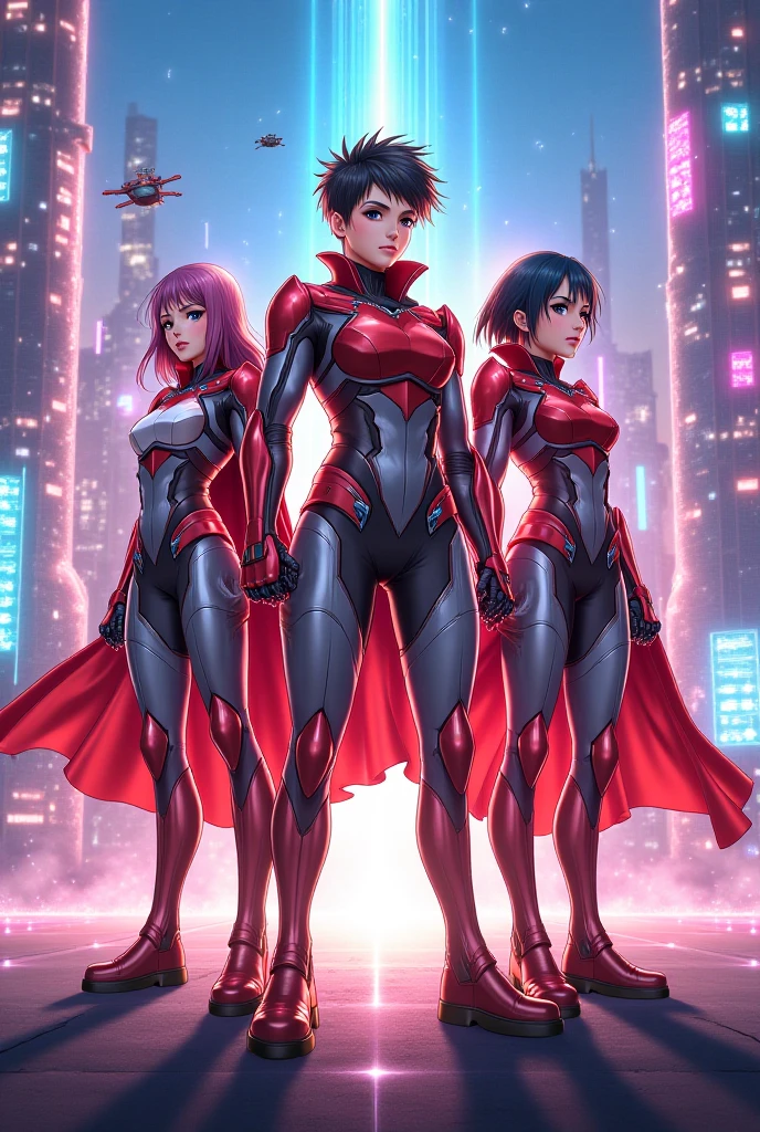Hija de severus snape y lily evnas, medium breasts, leotard, bare legs, gloves, boots, superhero, standing, hands on hip, city backdrop, (beautiful detailed eyes:1.6), (perfect hands, perfect anatomy), kumiko oumae, smile